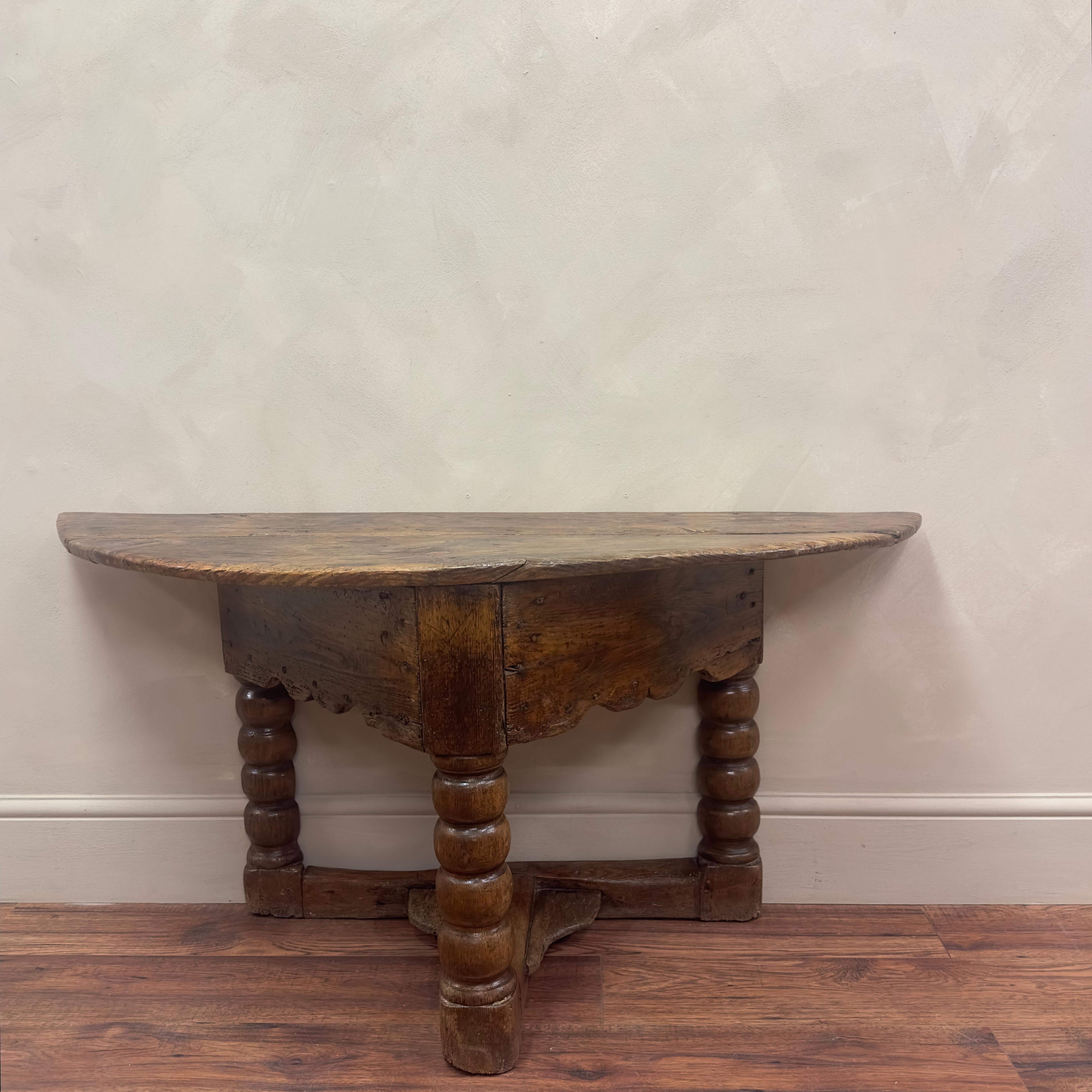 Hand-Crafted 18th Century, Dutch Elm Demi Lune Console Table For Sale