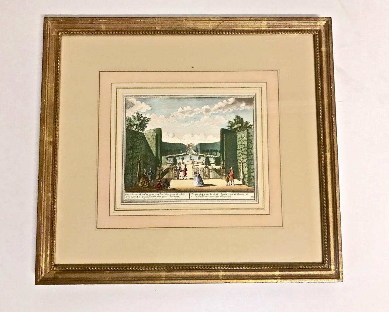 Charming set of four 18th century engravings of Dutch gardens and castles by Nidek Mattaeus Brouerius and Henrik de Leth. All four folios are in good condition and are beautifully framed in a beaded gold leaf frame and hand-colored French mats.
 