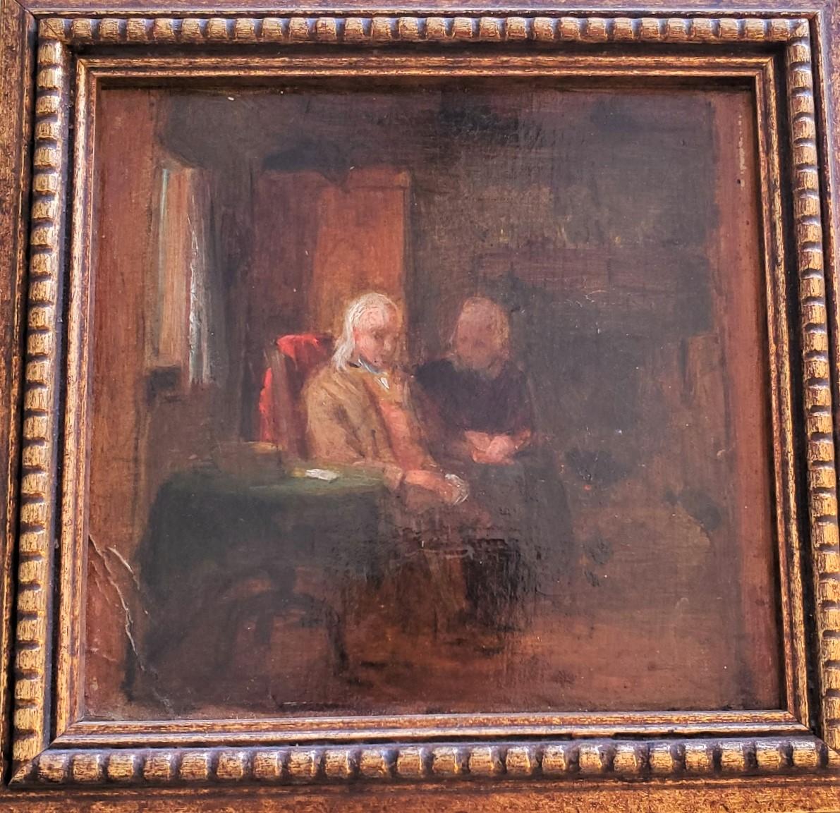 18th Century Dutch genre painting with grandparents seated side by side, an oil on wooden panel miniature interior scene with elderly man and woman seated beside each other, a mahogany tea table with cabriole legs (dating to circa 1760) by their