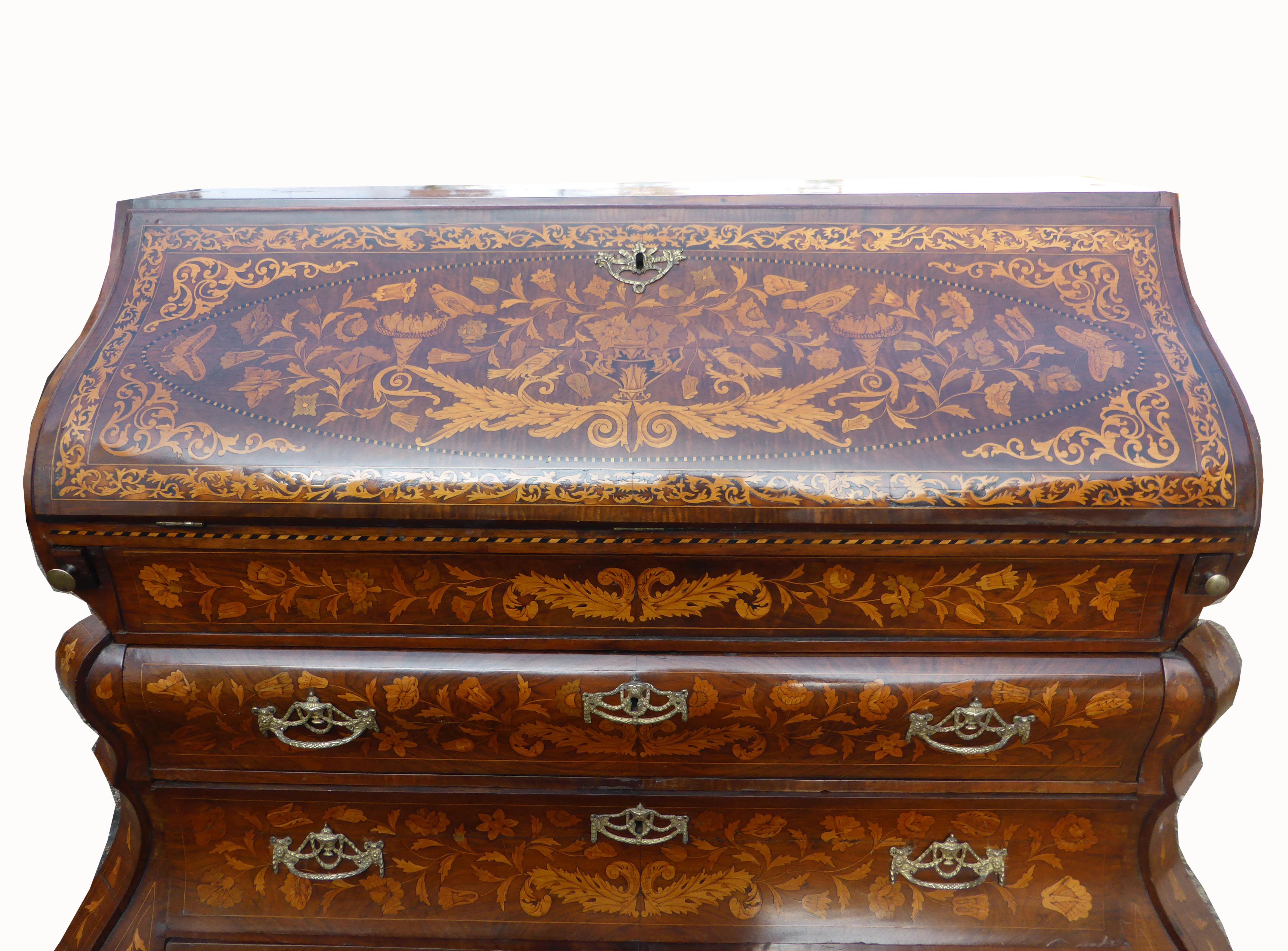 Walnut 18th Century Dutch Marquetry Bombé Bureau For Sale