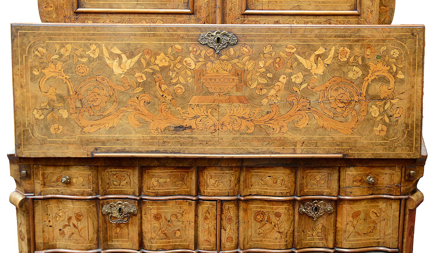 18th Century and Earlier 18th Century Dutch Marquetry Bureau Bookcase For Sale