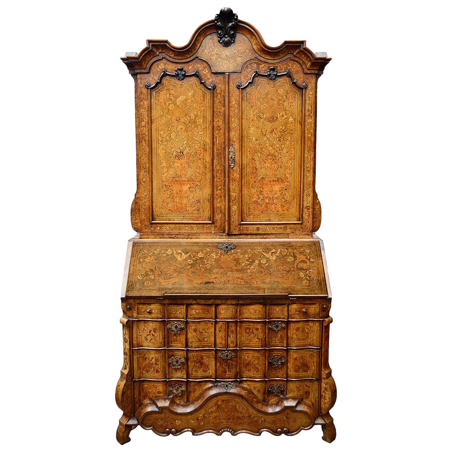 18th Century Dutch Marquetry Bureau Bookcase