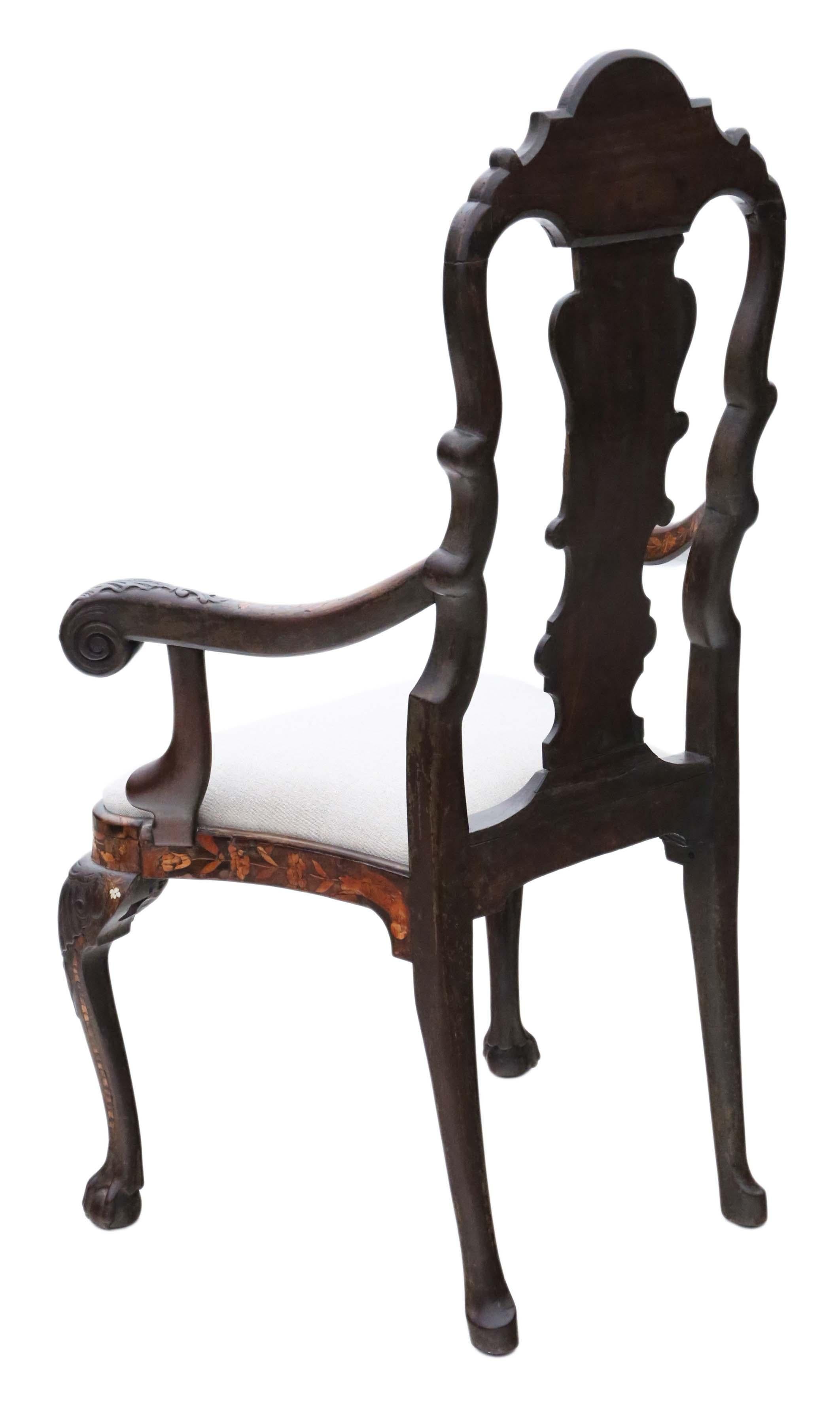 18th Century and Earlier 18th Century Dutch Marquetry Elbow Arm Chair: Antique, Very Fine Quality For Sale