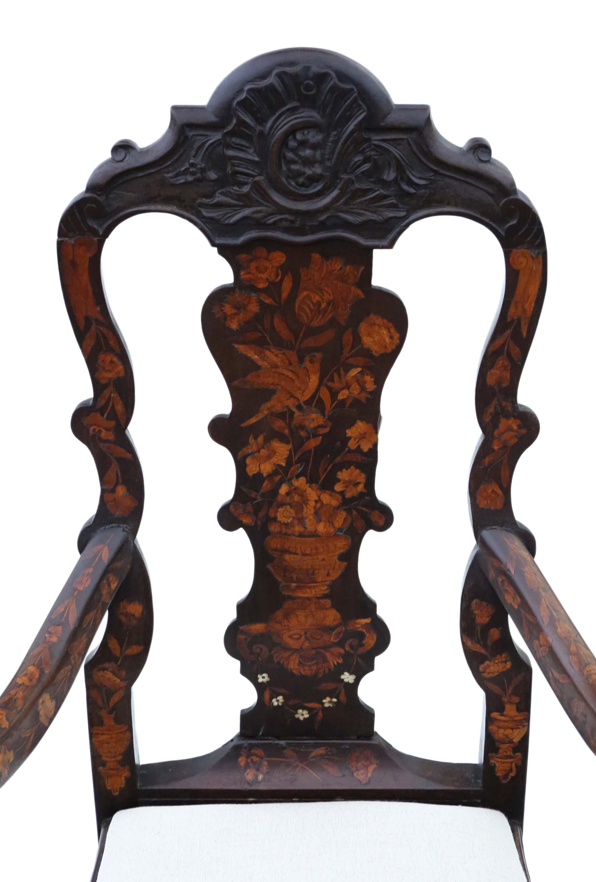 Wood 18th Century Dutch Marquetry Elbow Arm Chair: Antique, Very Fine Quality For Sale