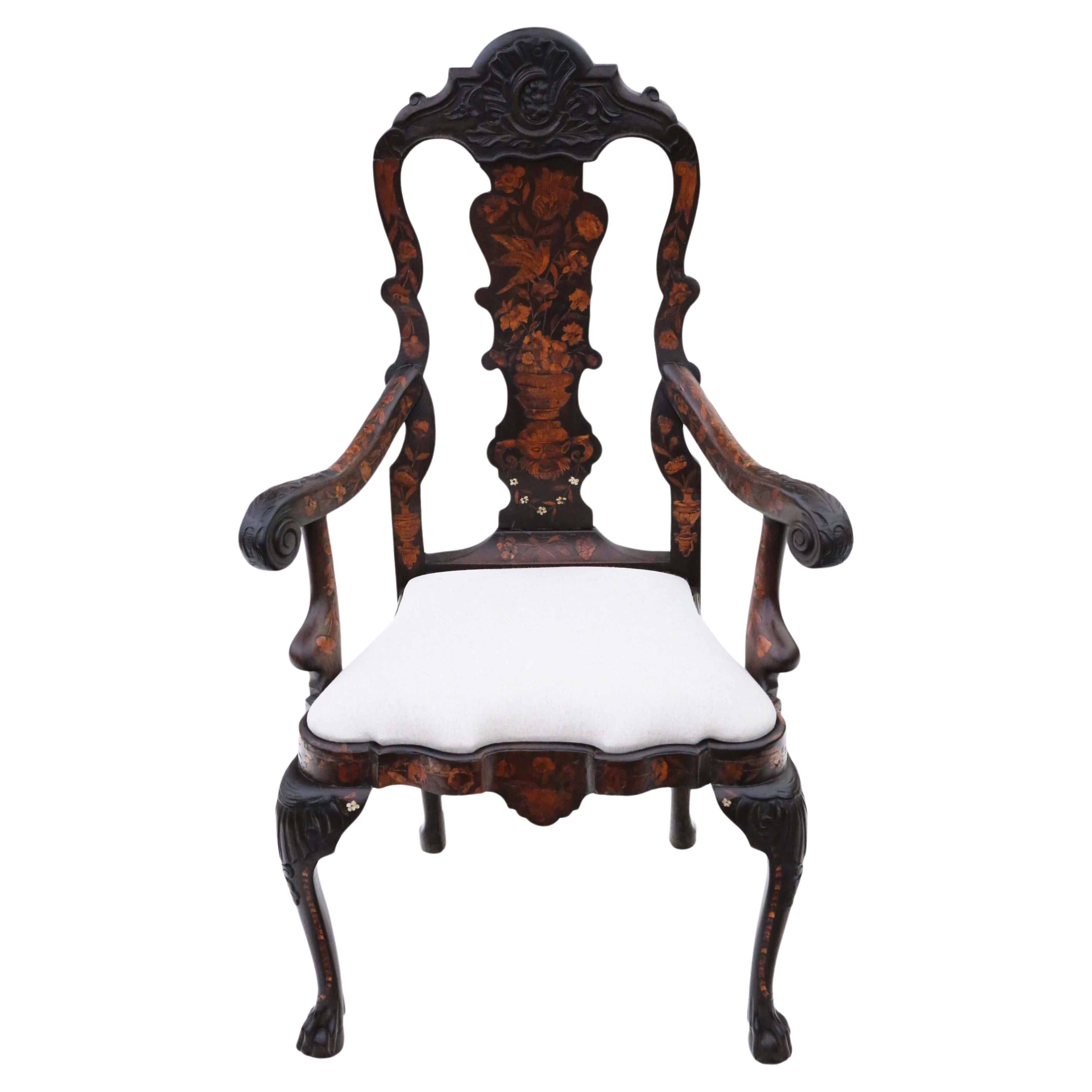 18th Century Dutch Marquetry Elbow Arm Chair: Antique, Very Fine Quality