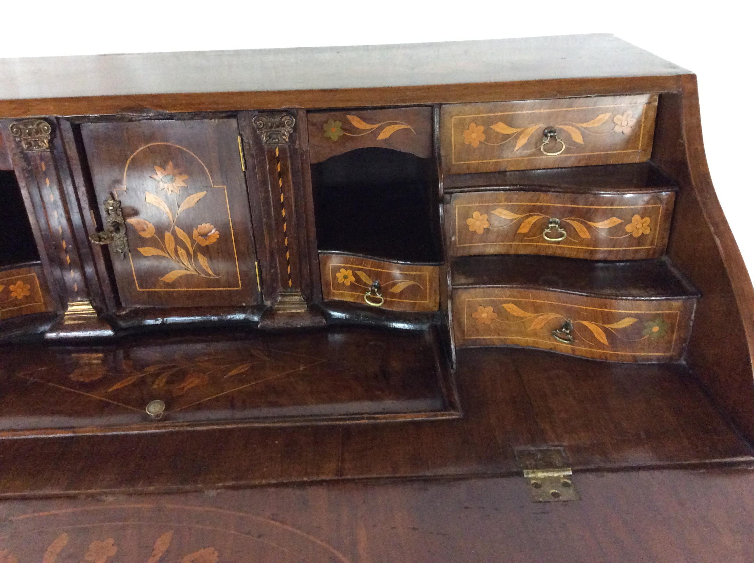 18th Century and Earlier 18th Century Dutch Marquetry Inlaid Bombe Secretary/Chest of Drawers