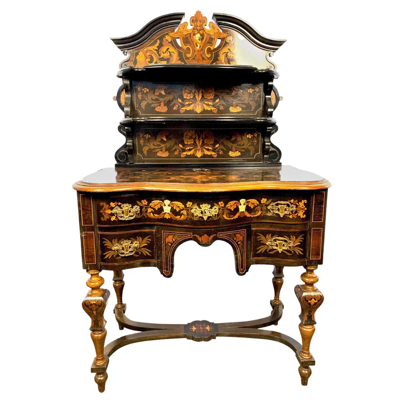 18th Century Dutch Marquetry Inlay Lowboy with Stretcher Base