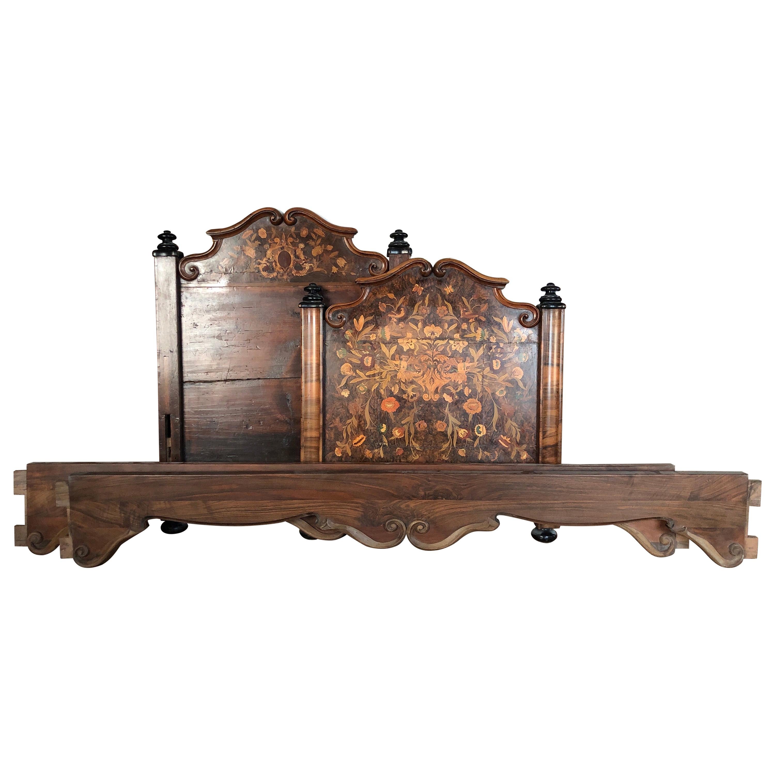 18th Century Dutch Marquetry Mahogany Single Bed Frame with Colorful Inlay