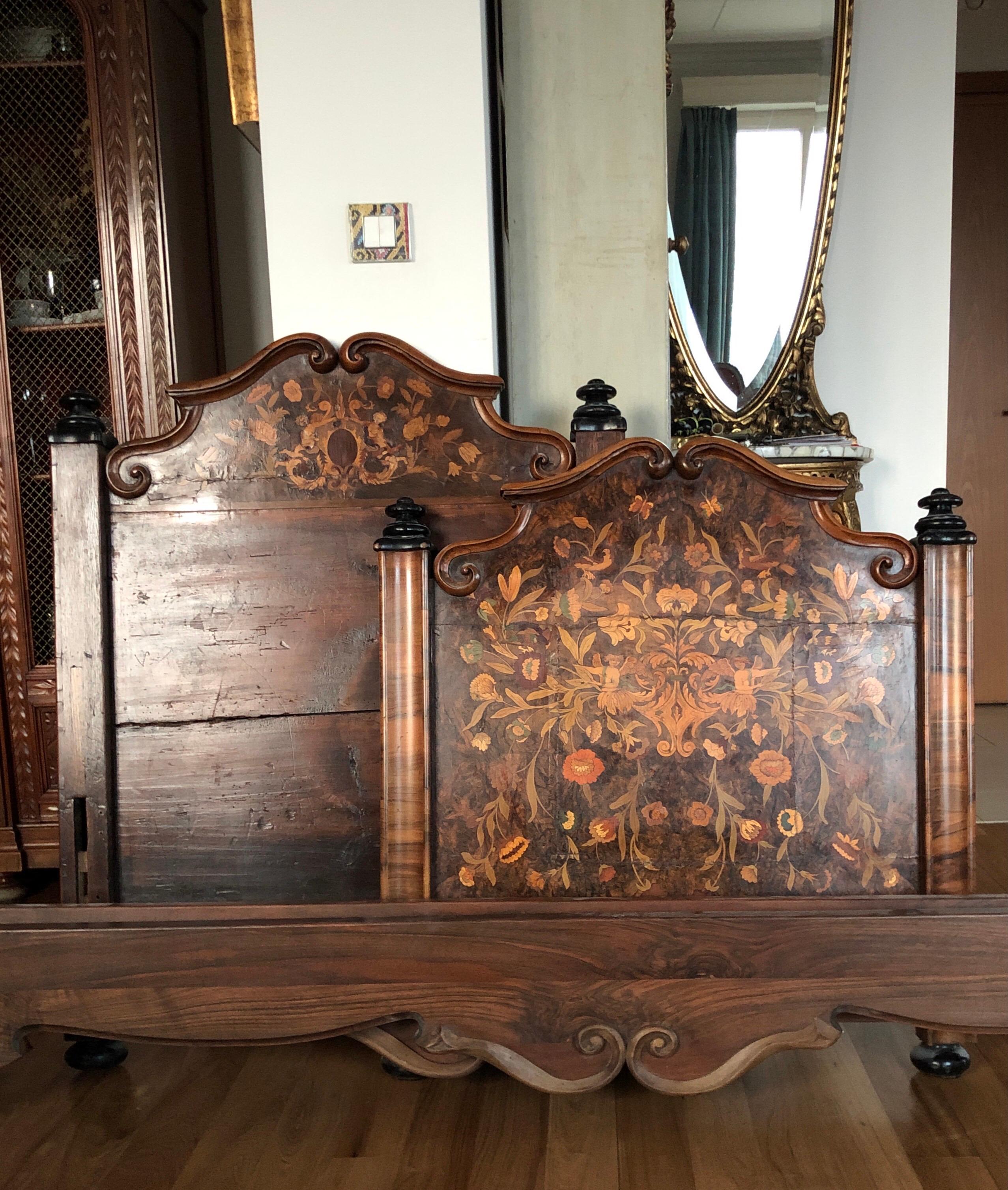Antique Dutch marquetry mahogany single bed with colorful inlay.
The side parts were made of walnut and have the same hand carvings as the headboard and the footboard. Very extraordinary piece in good condition.
Netherland, circa 1780.