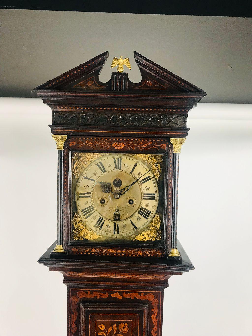 Been in this business for over 30 years and never seen a
more gorgeous period tall clock.
This 18th century Dutch marquetry tall clock is in remarkable
condition. Still retaining it’s original finish, movement and dial.
Beautifully cared for