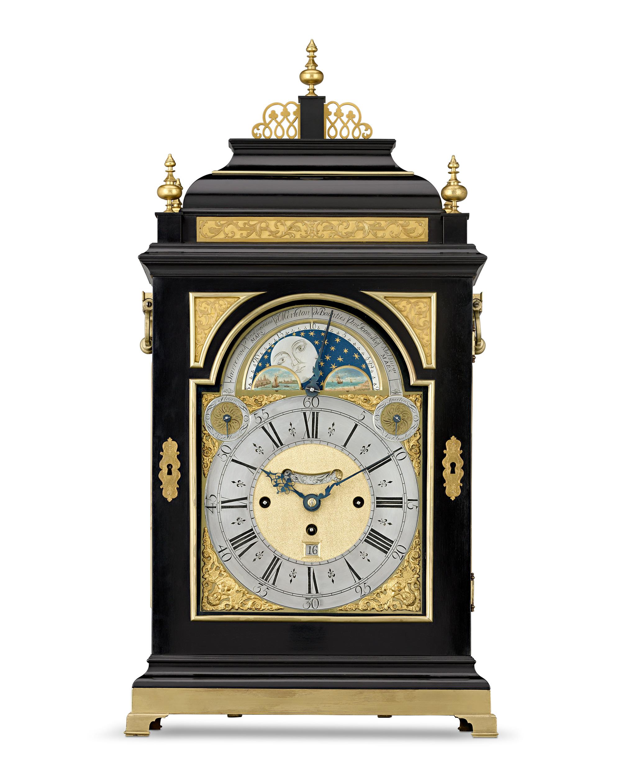 This remarkable 18th-century George III Dutch musical bracket clock is in pristine condition— both the mechanics and the body of the clock are emblematic of the era's exemplary craftsmanship. Encased in elegant ebony and accentuated with brass