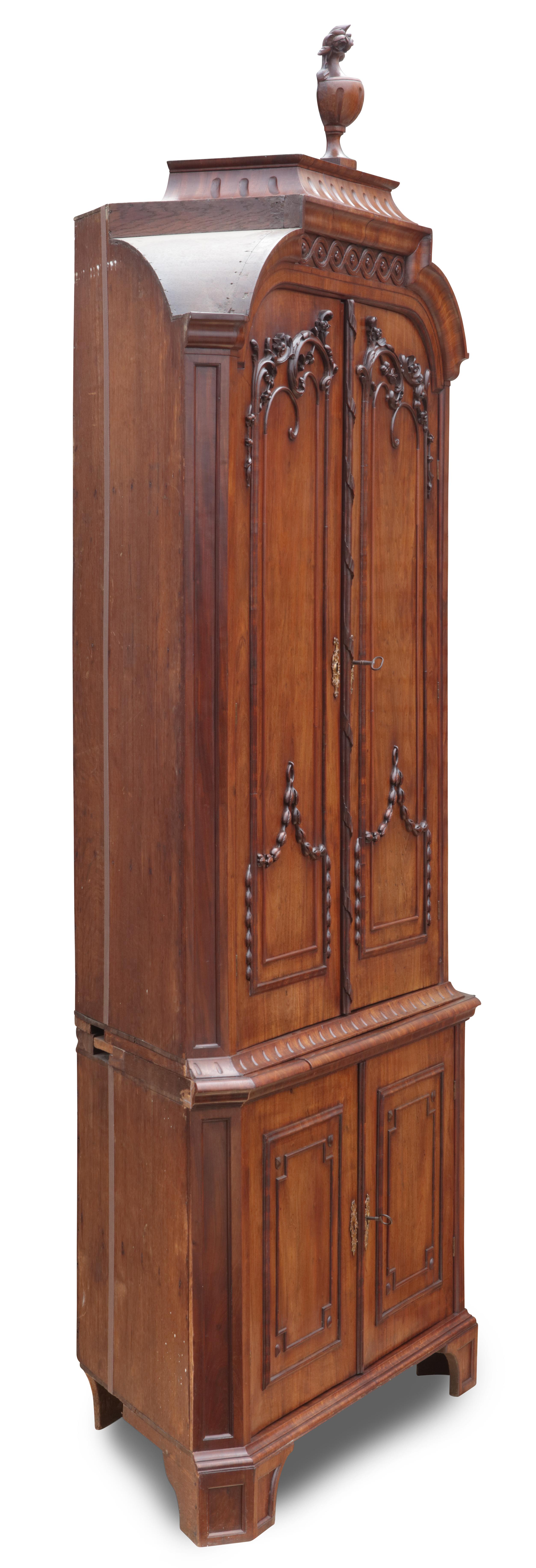 Veneer 18th century Dutch oak and mahogany corner cabinet with gilded bronze fittings For Sale