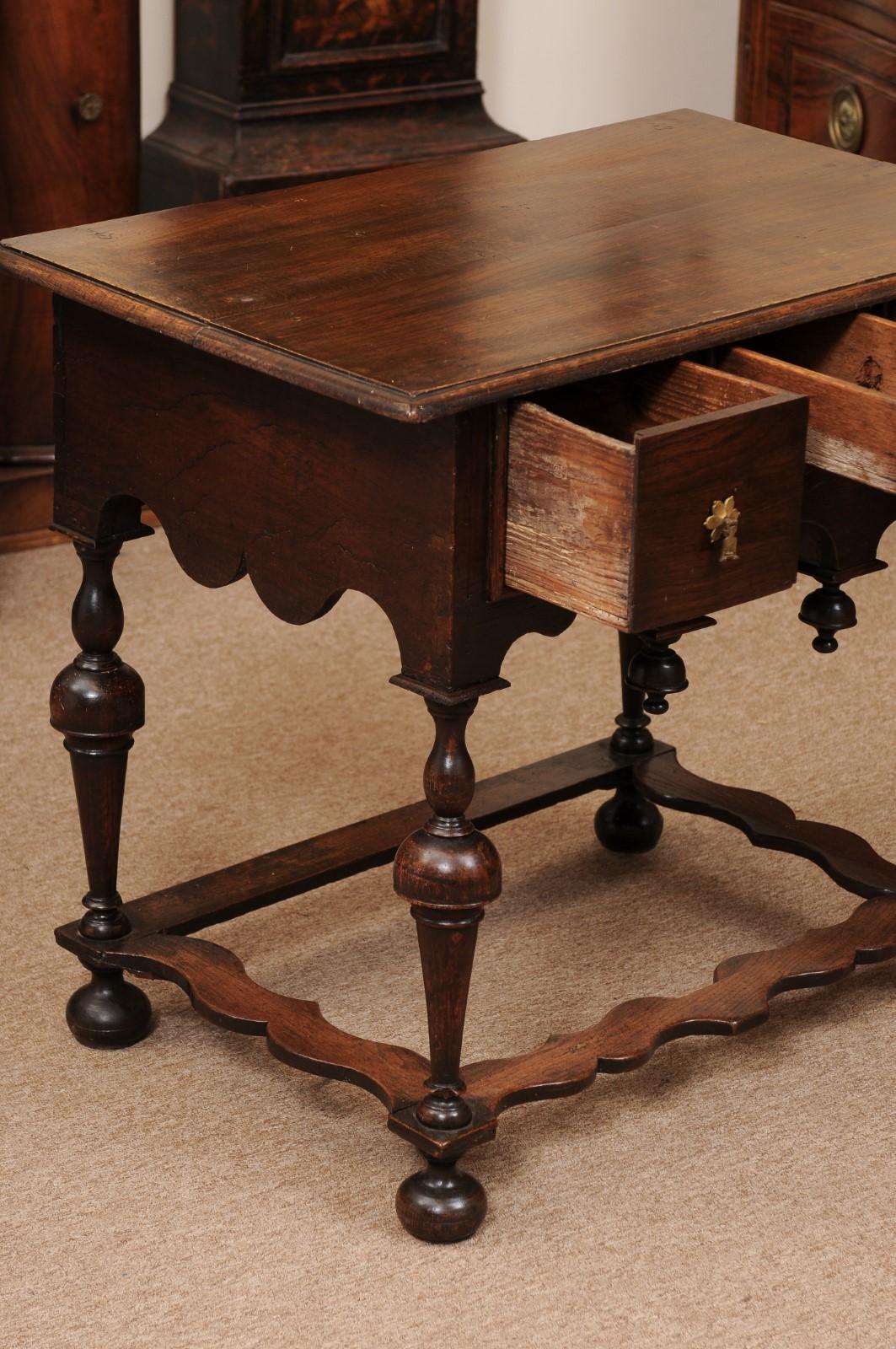 18th Century Dutch Oak Lowboy with 3 Drawers, Shaped Apron & Turned Legs For Sale 1