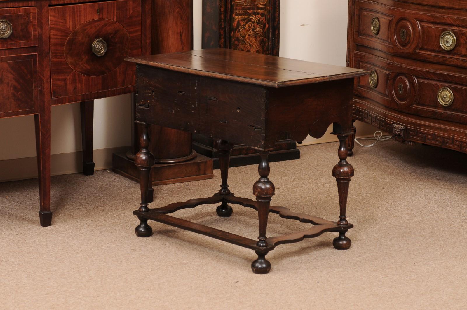 18th Century Dutch Oak Lowboy with 3 Drawers, Shaped Apron & Turned Legs For Sale 4