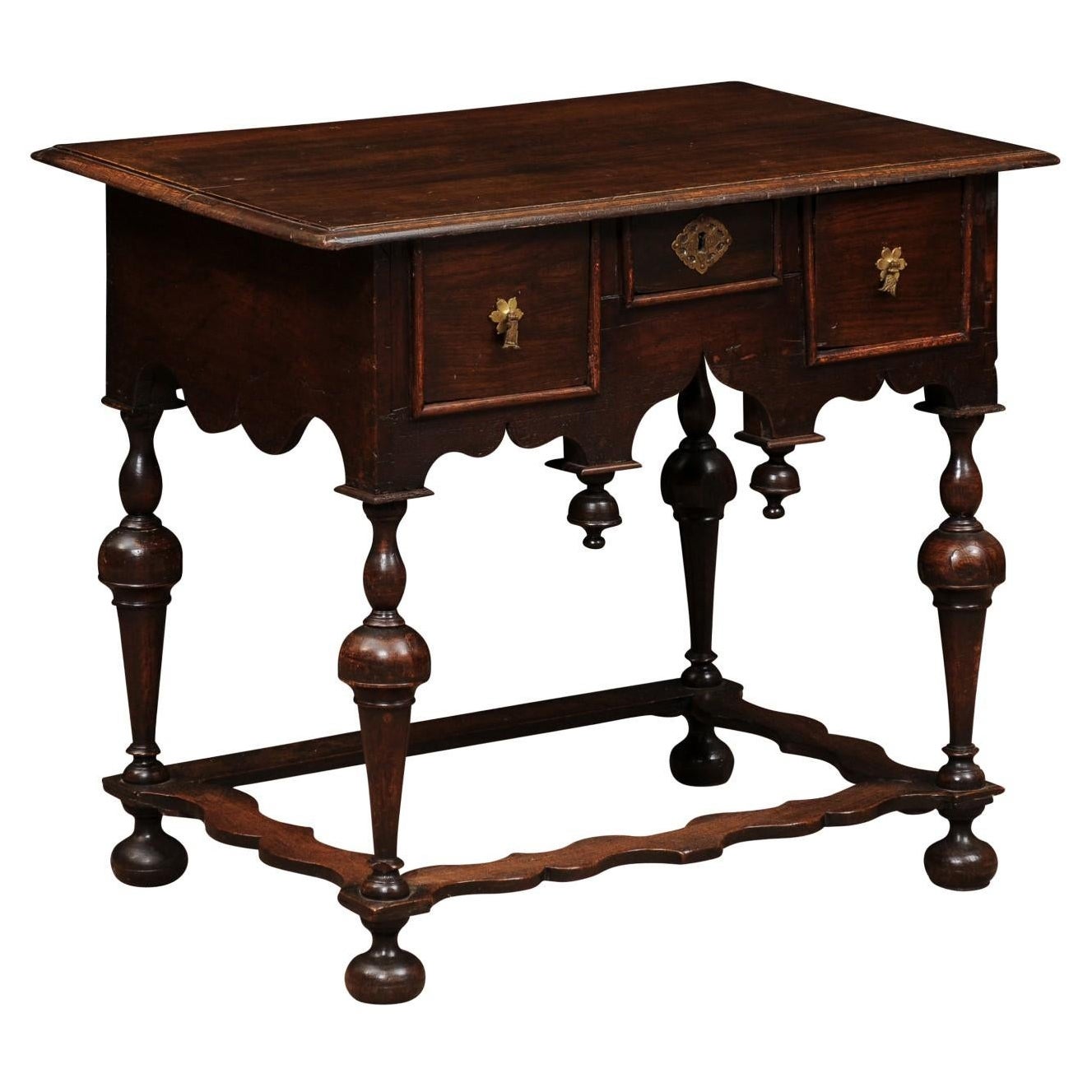 18th Century Dutch Oak Lowboy with 3 Drawers, Shaped Apron & Turned Legs For Sale