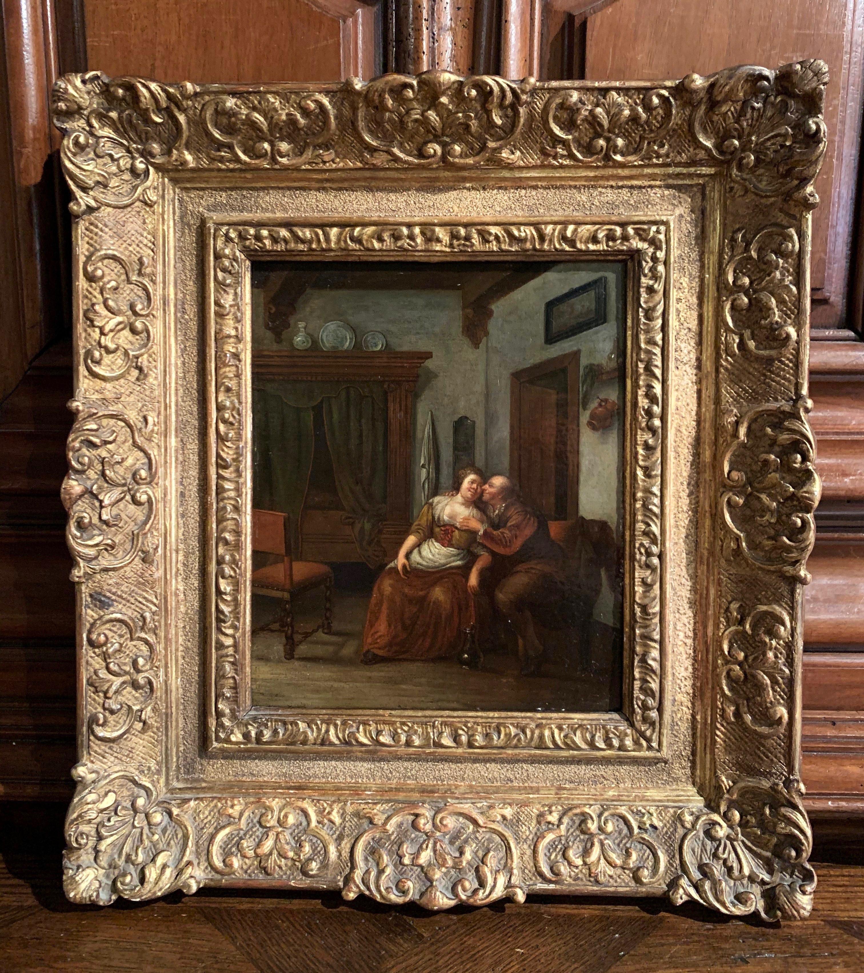 18th Century Dutch Oil on Board Painting in Carved Gilt Frame In Excellent Condition In Dallas, TX