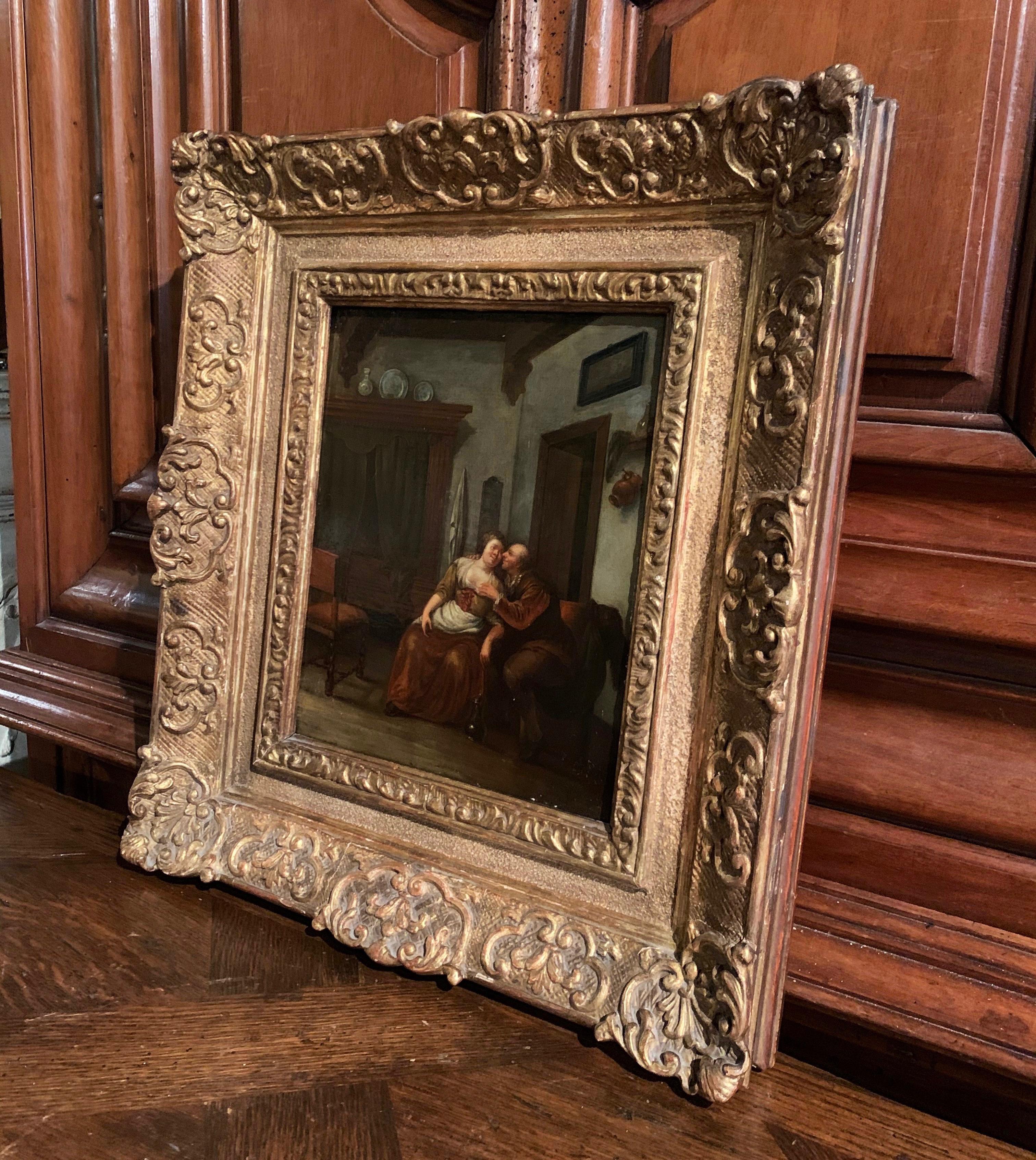 18th Century Dutch Oil on Board Painting in Carved Gilt Frame 3