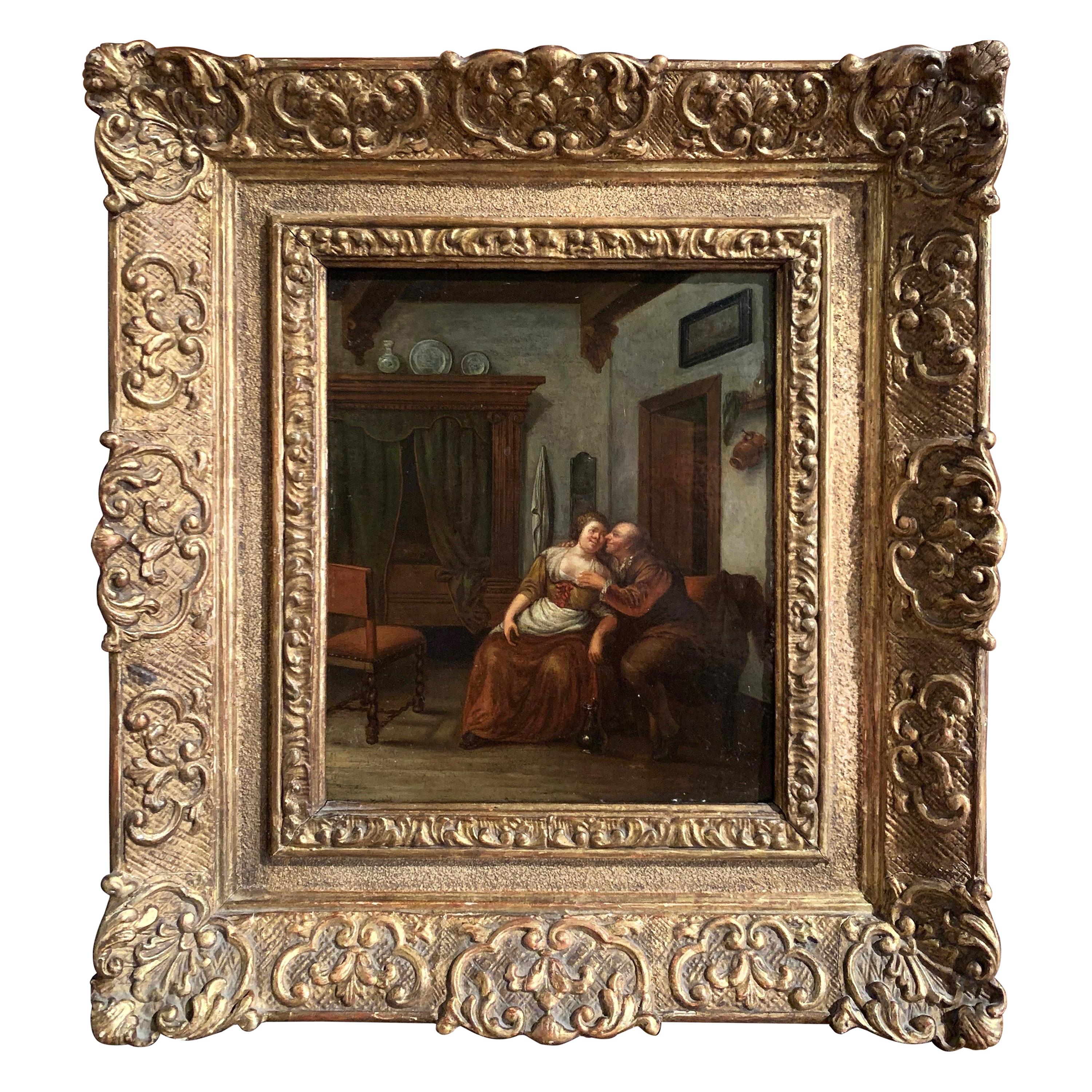 18th Century Dutch Oil on Board Painting in Carved Gilt Frame