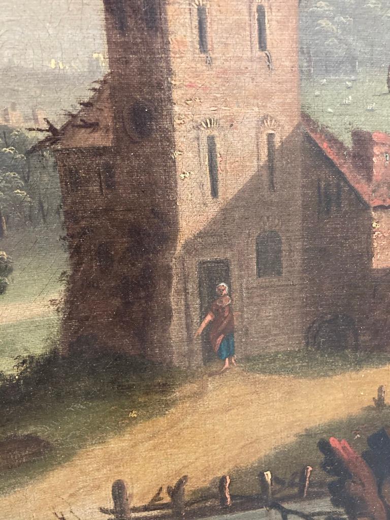 18th Century Dutch Oil on Canvas Landscape with Figures and Buildings 7