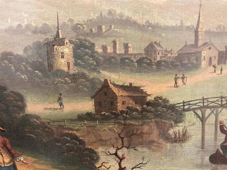 18th Century Dutch Oil on Canvas Landscape with Figures and Buildings 10