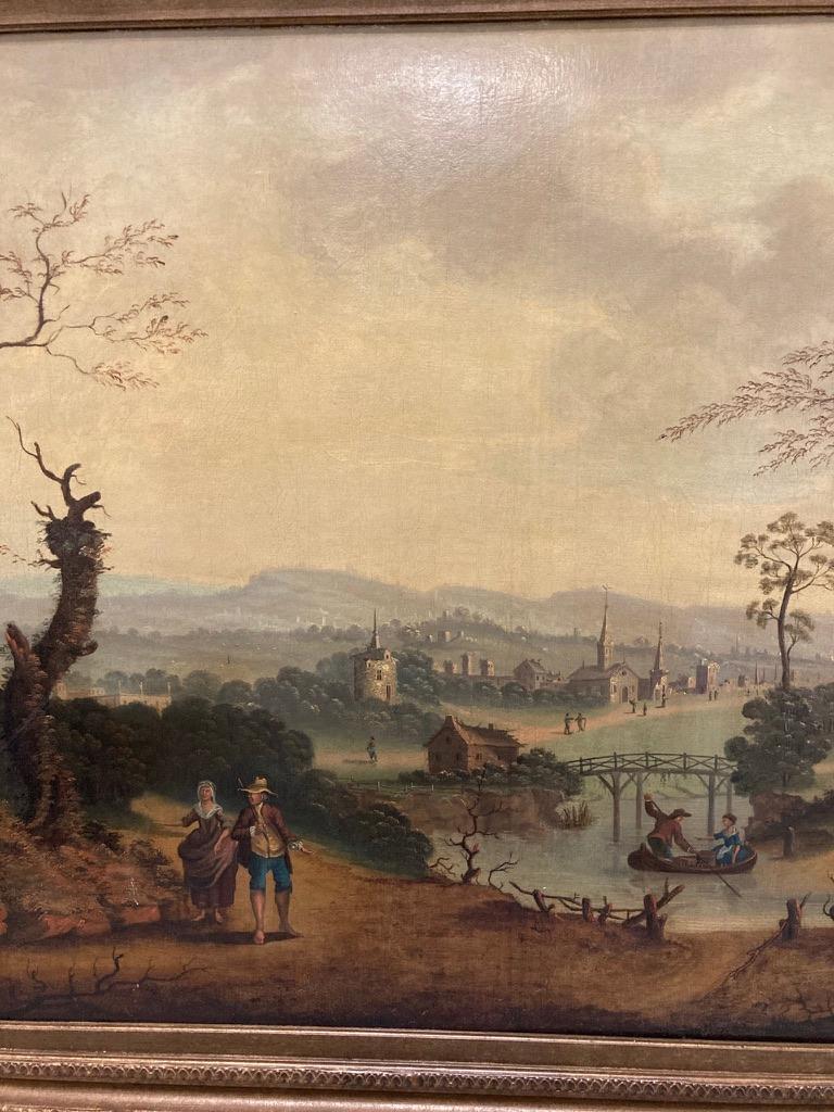 Baroque 18th Century Dutch Oil on Canvas Landscape with Figures and Buildings