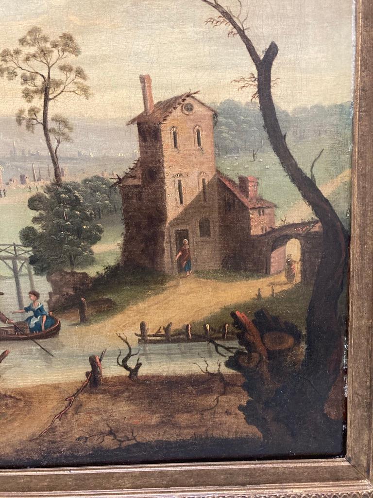 Painted 18th Century Dutch Oil on Canvas Landscape with Figures and Buildings For Sale