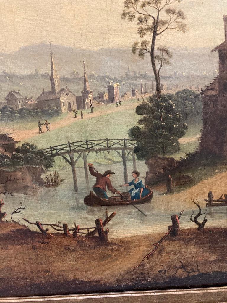 18th Century Dutch Oil on Canvas Landscape with Figures and Buildings In Good Condition For Sale In Stamford, CT