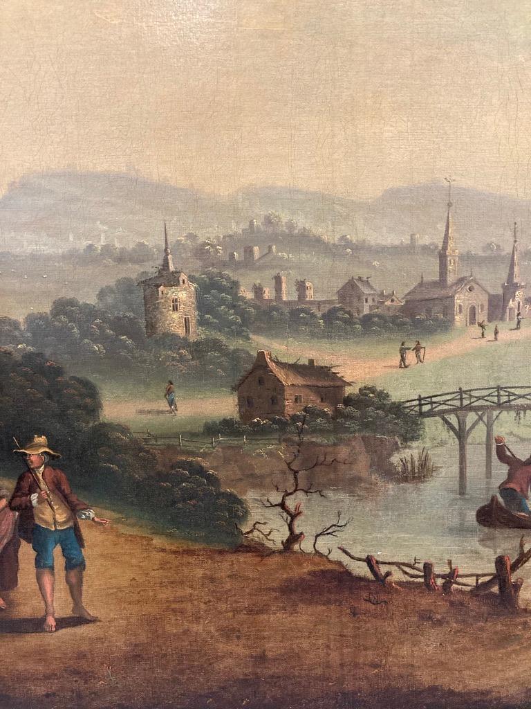18th Century Dutch Oil on Canvas Landscape with Figures and Buildings For Sale 2