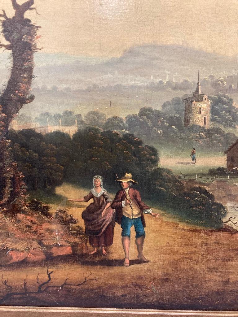 18th Century Dutch Oil on Canvas Landscape with Figures and Buildings For Sale 3