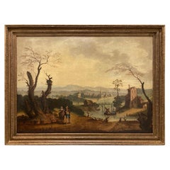 18th Century Dutch Oil on Canvas Landscape with Figures and Buildings