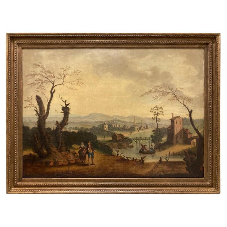 18th Century Dutch Oil on Canvas Landscape with Figures and Buildings For Sale