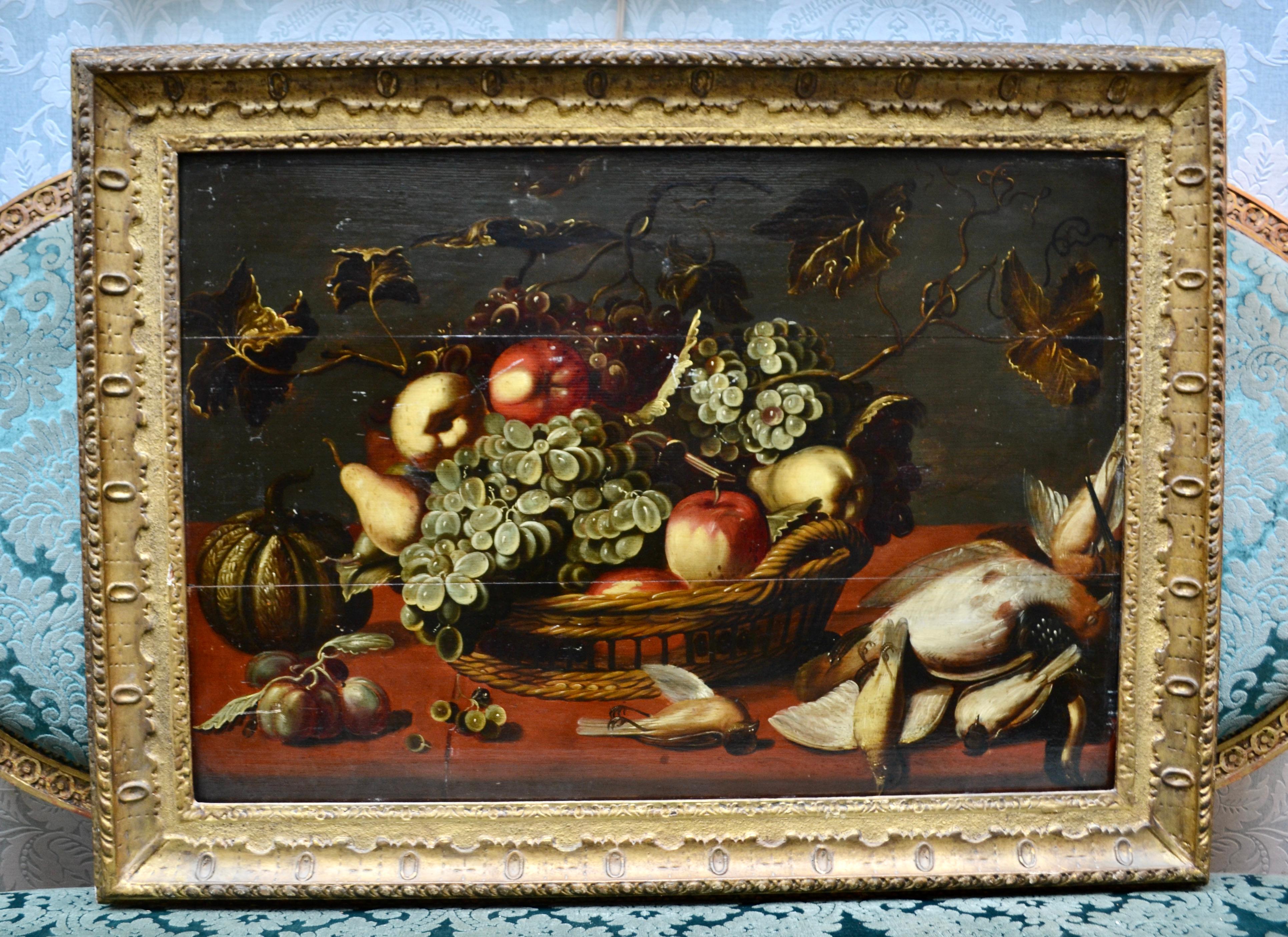 Néo-baroque Nature morte hollandaise ou flamande du XVIIIe siècle représentant une volaille et des fruits sur panneau en vente