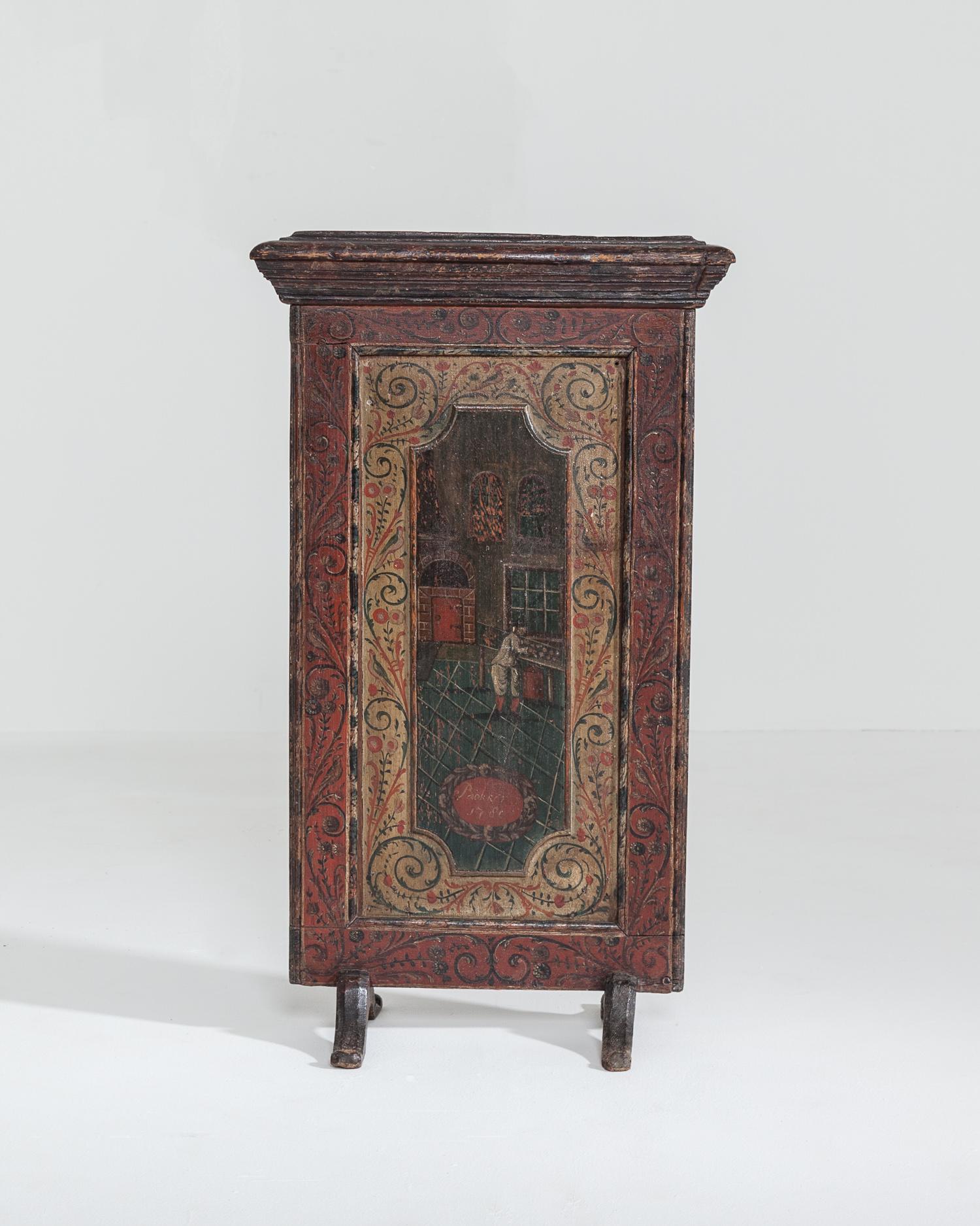 A rare 18th century Dutch painted fire screen.

The scene shows a baker at work and is dated 1780.

Measures: Height 81cm x width 48cm x depth 27cm.
 