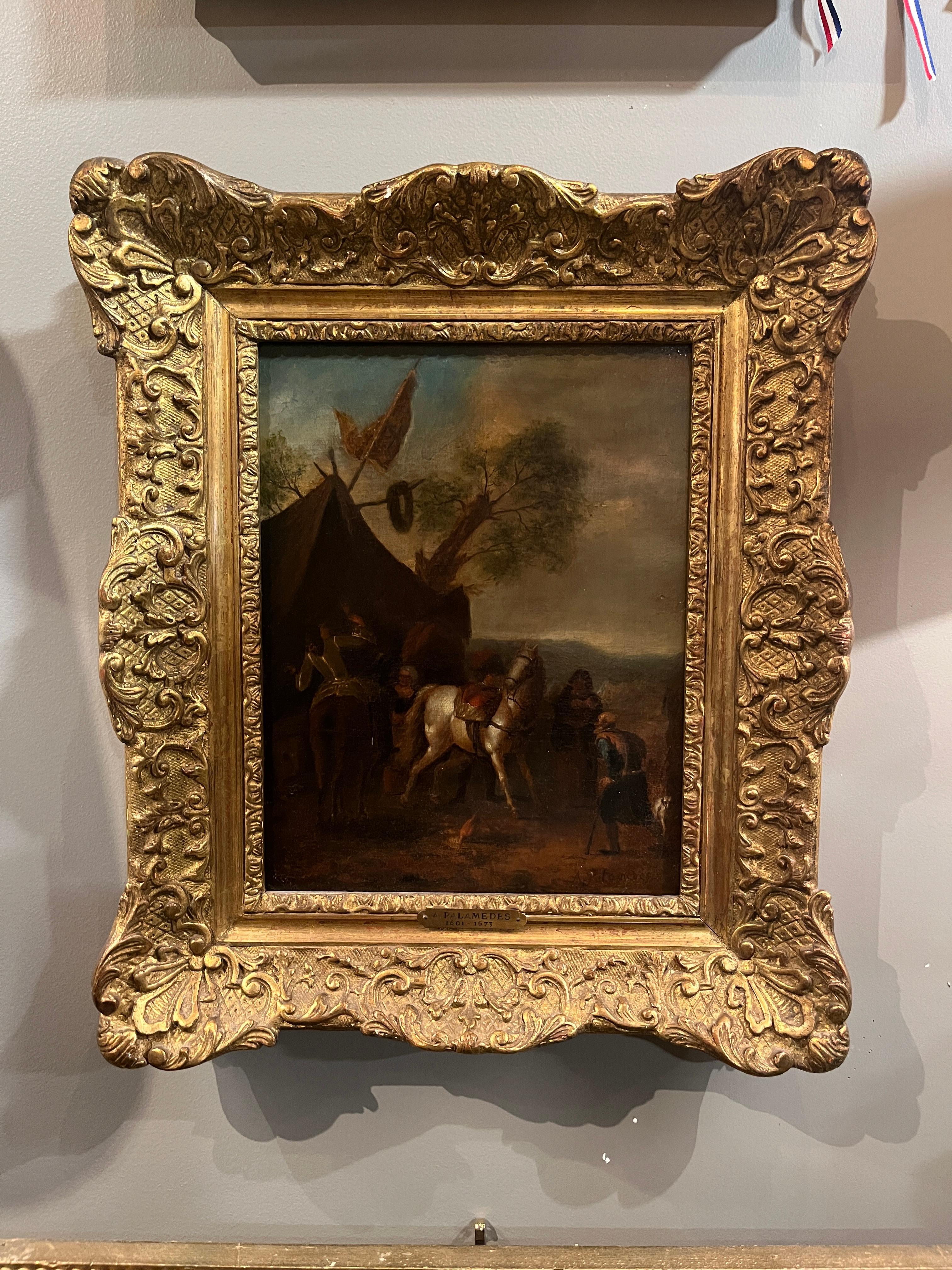 Dipinto olandese del XVIII secolo raffigurante cavalieri a cavallo di Anthonie Palamedes 1643-1706. Bellissimo pezzo acquistato in Francia da una collezione privata francese. Usura appropriata all'età, vedi foto dettagliate o scrivici per qualsiasi