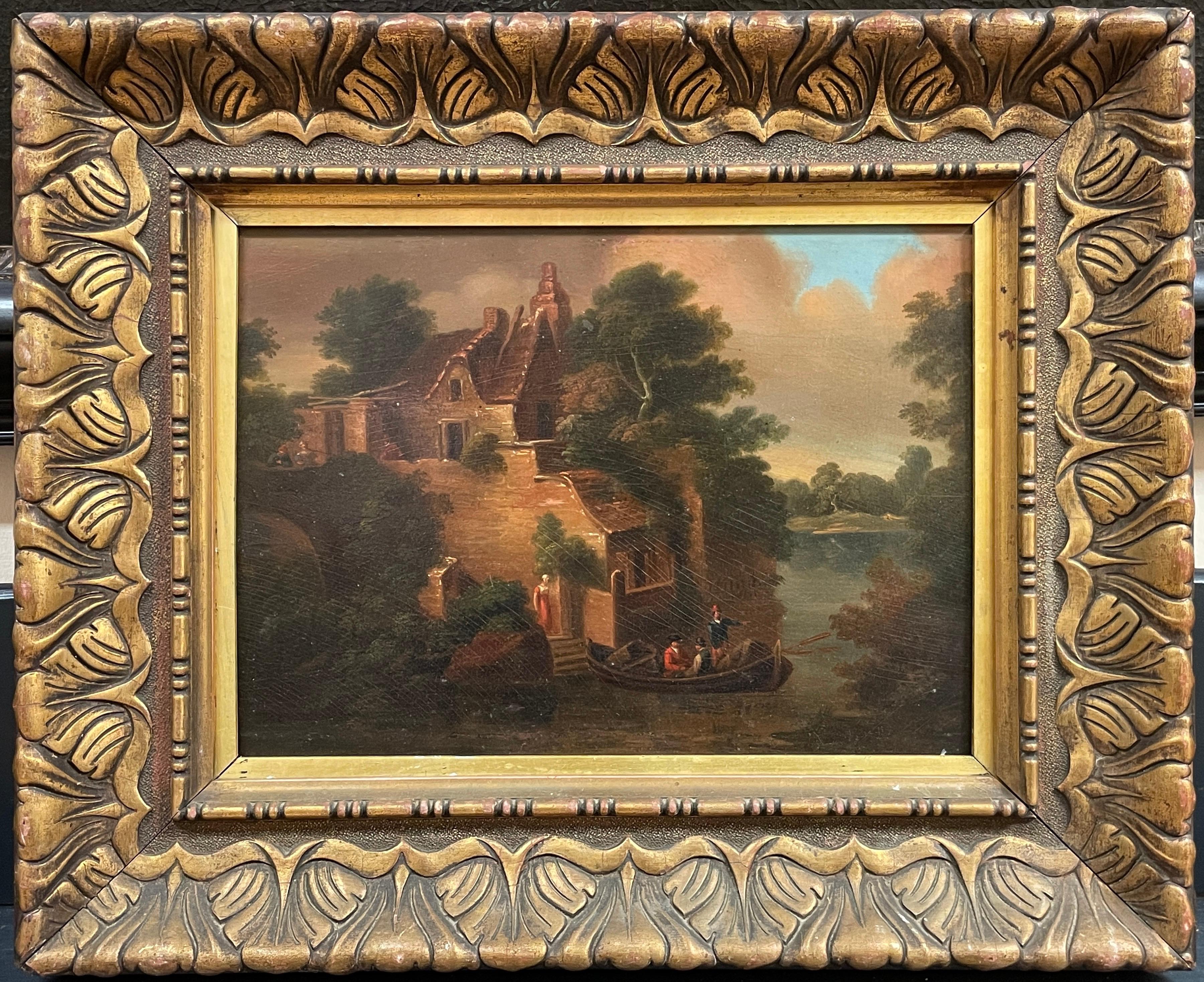 18th Century Dutch Landscape Painting - 18thC Dutch Golden Landscape Oil Painting on Panel Figures in Ferry Boat l/scape