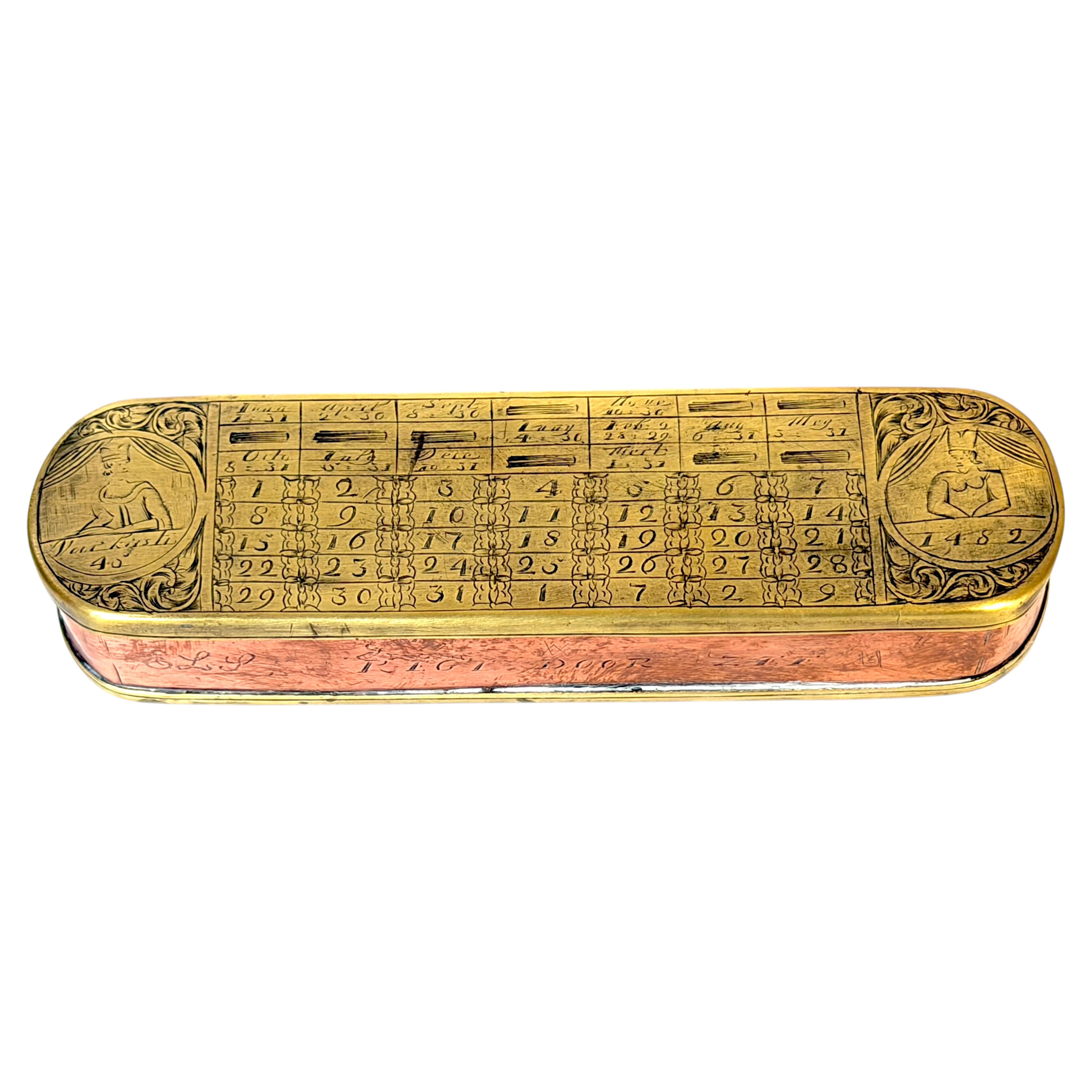 Caja de tabaco de navegante del siglo XVIII, de Pieter Holm Zee-Meeter, de latón y cobre, de origen holandés en venta