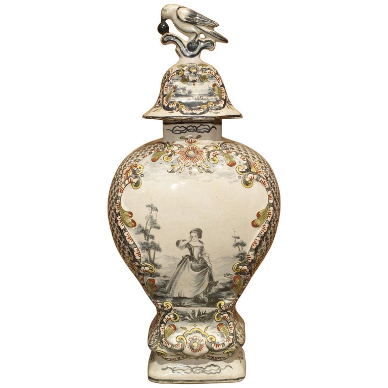 18th Century Dutch Polychrome Delft Baluster Form Vase For Sale
