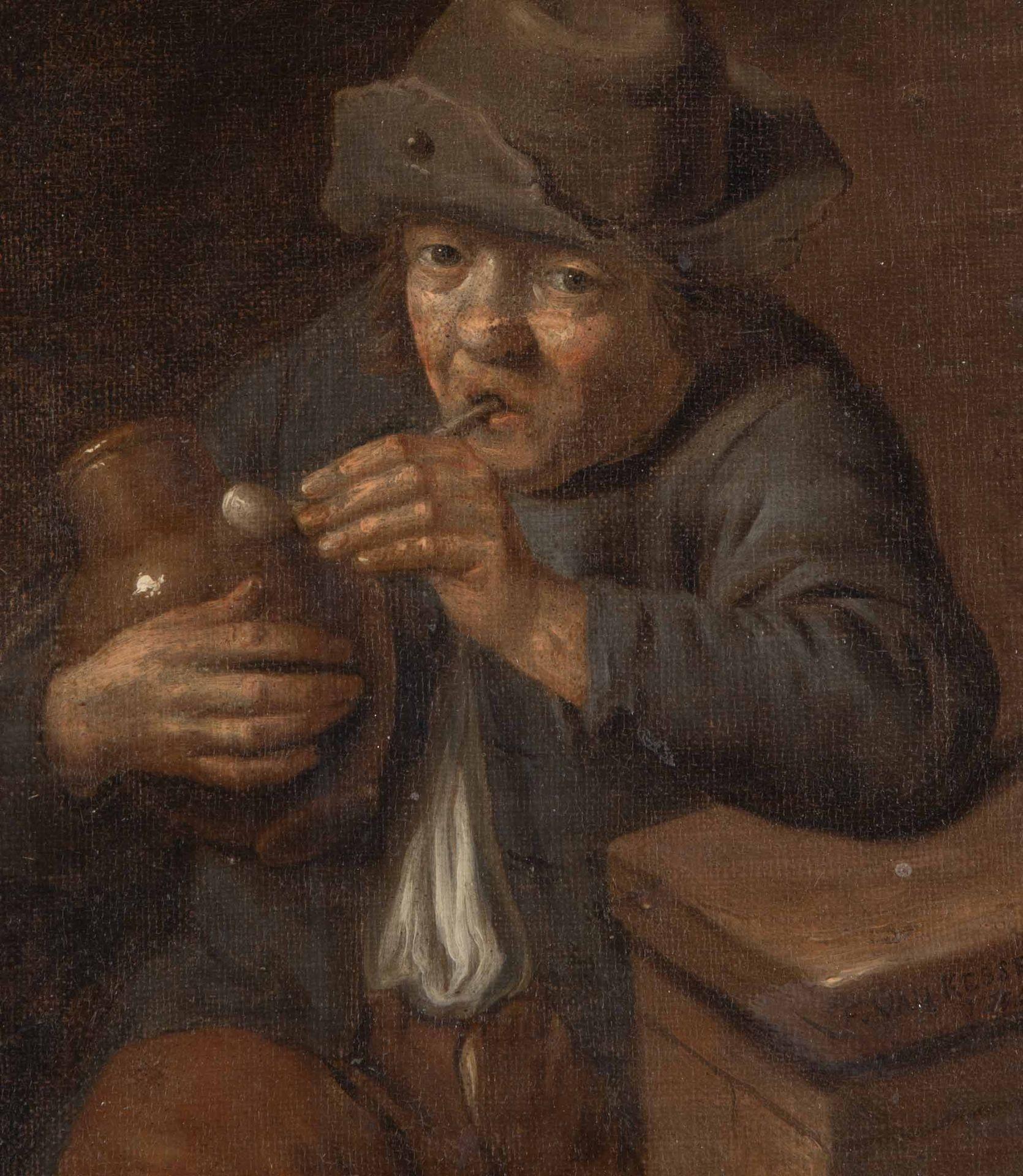 Niederländisches Porträt eines Mannes mit Pfeife aus dem 18. Jahrhundert in der Art von Ferdinand van Kessel. 
Öl auf Leinen. Um 1800.
Leinwandgröße: 20cm x 25cm.