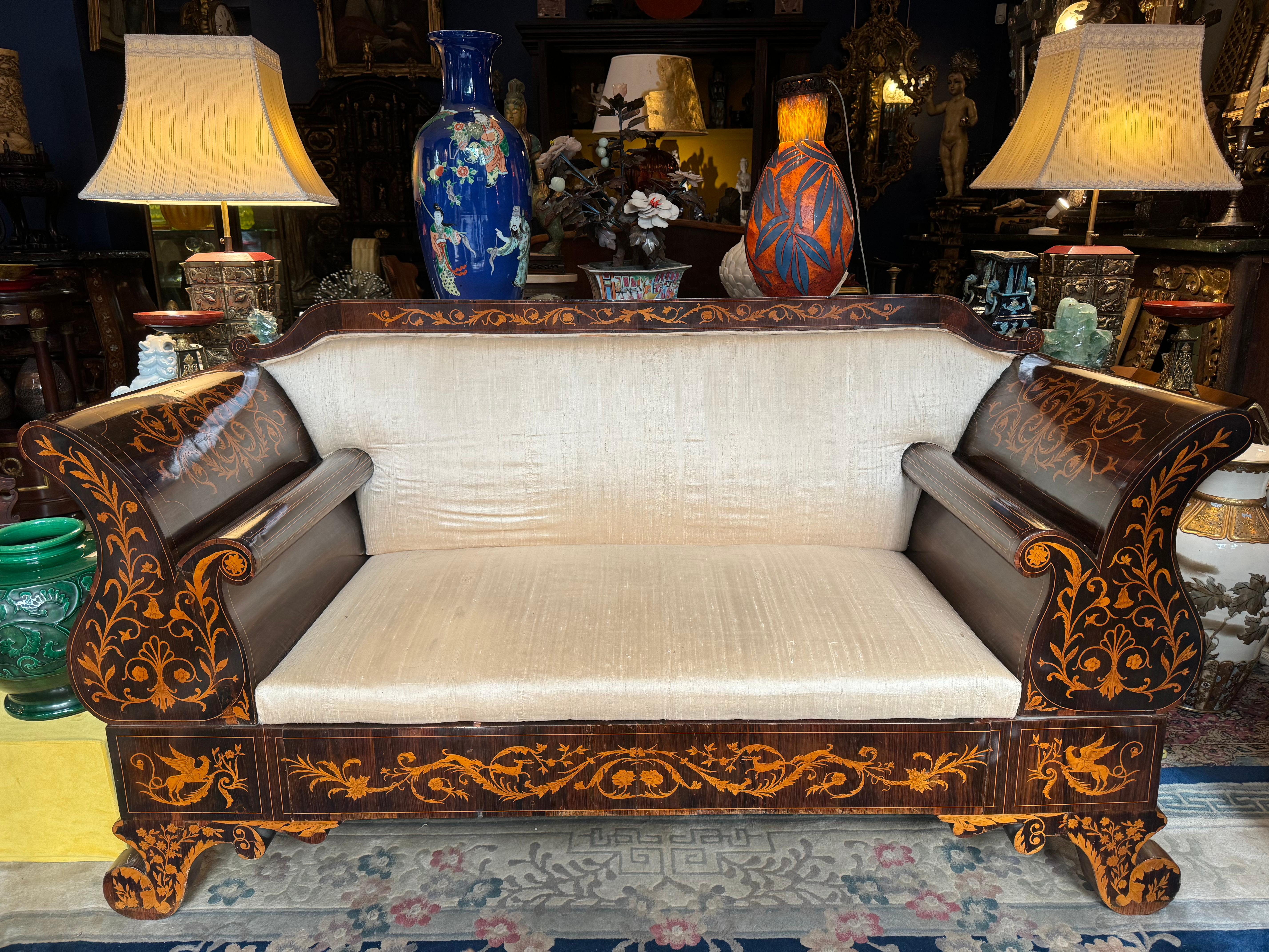 European 18th Century Dutch Rosewood and Fruitwood Marquetry Sofa  For Sale