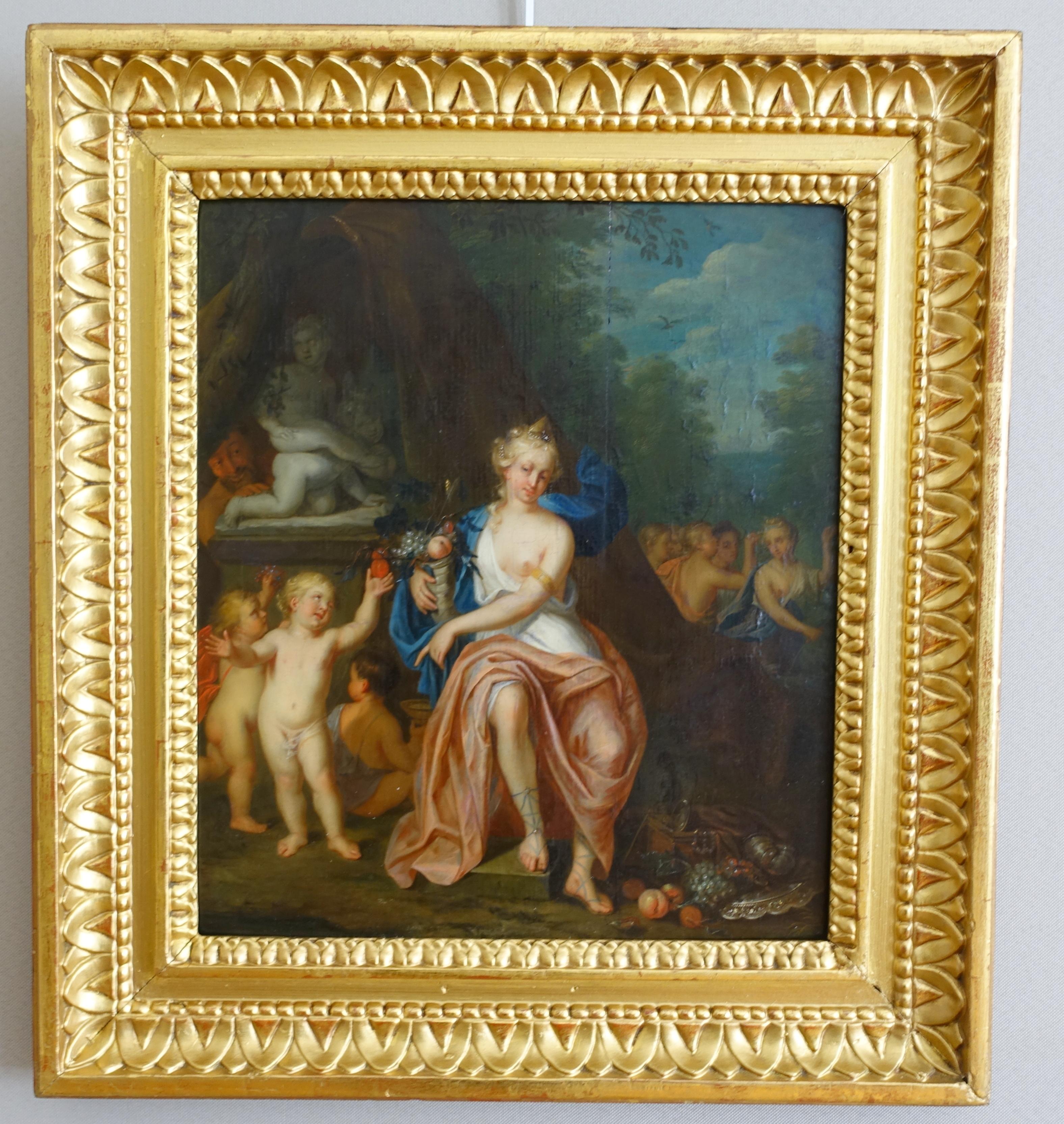 A fine early 18th century Flemish school circa 1730, oil on panel attributed to Mattheus Terwesten (a partial signature next to the pedestal) set into its gold leaf gilt carved wood.
Our painting shows an allegory of wealth : a goddess holds a