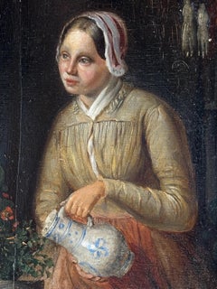 18th Century, Dutch School Oil on Panel “Girl by the Window with Delft Jug”