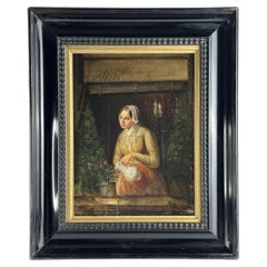 18th Century, Dutch School Oil on Panel “Girl by the Window with Delft Jug”