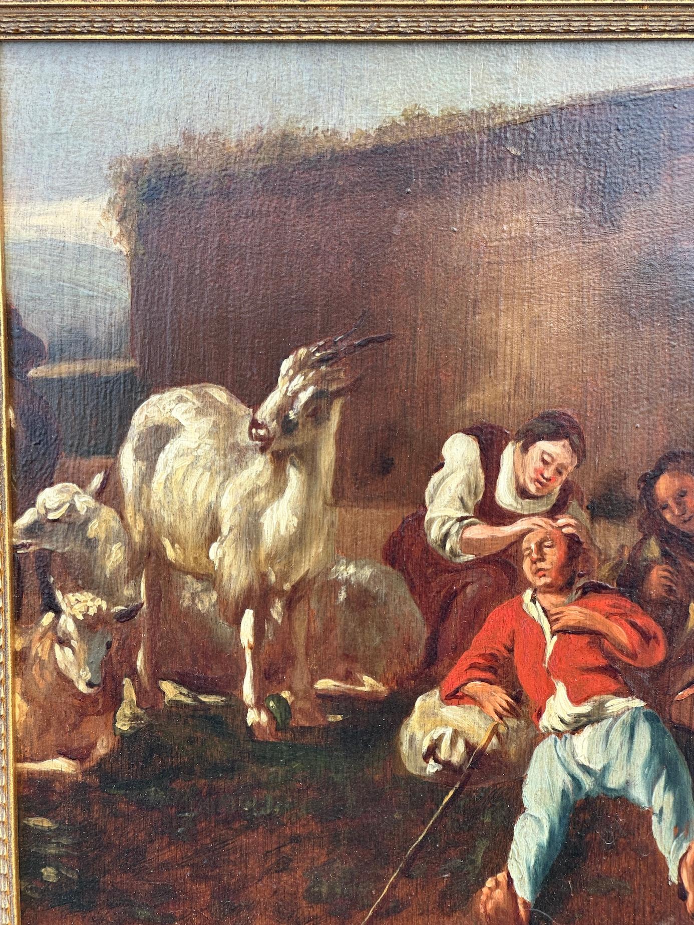 Holandés del siglo XVIII, con figuras de cabras y ovejas al aire libre en el patio de un granero o granja - Painting de 18th Century Dutch School