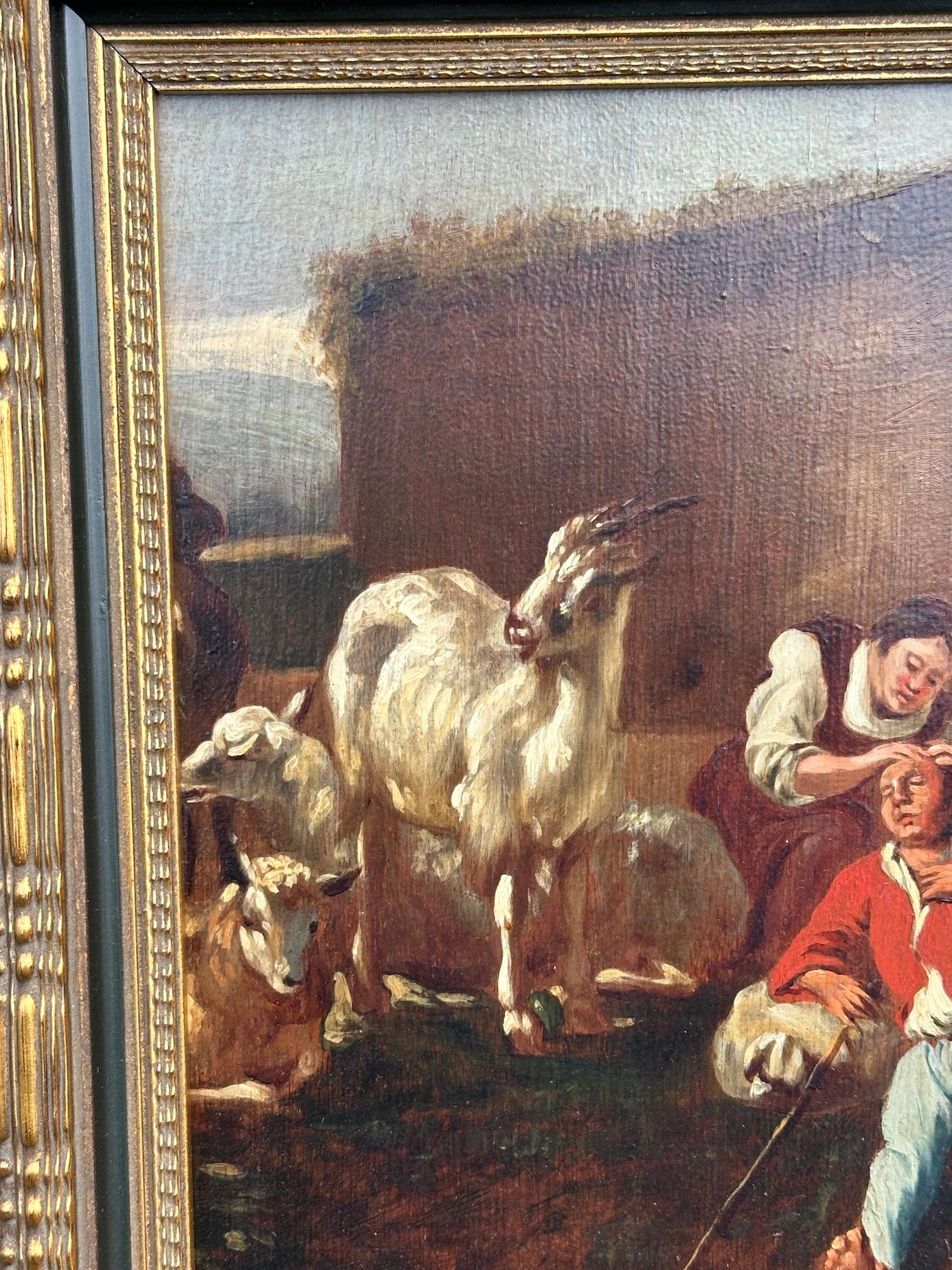 Holandés del siglo XVIII, con figuras de cabras y ovejas al aire libre en el patio de un granero o granja - Painting Antiguos maestros de 18th Century Dutch School