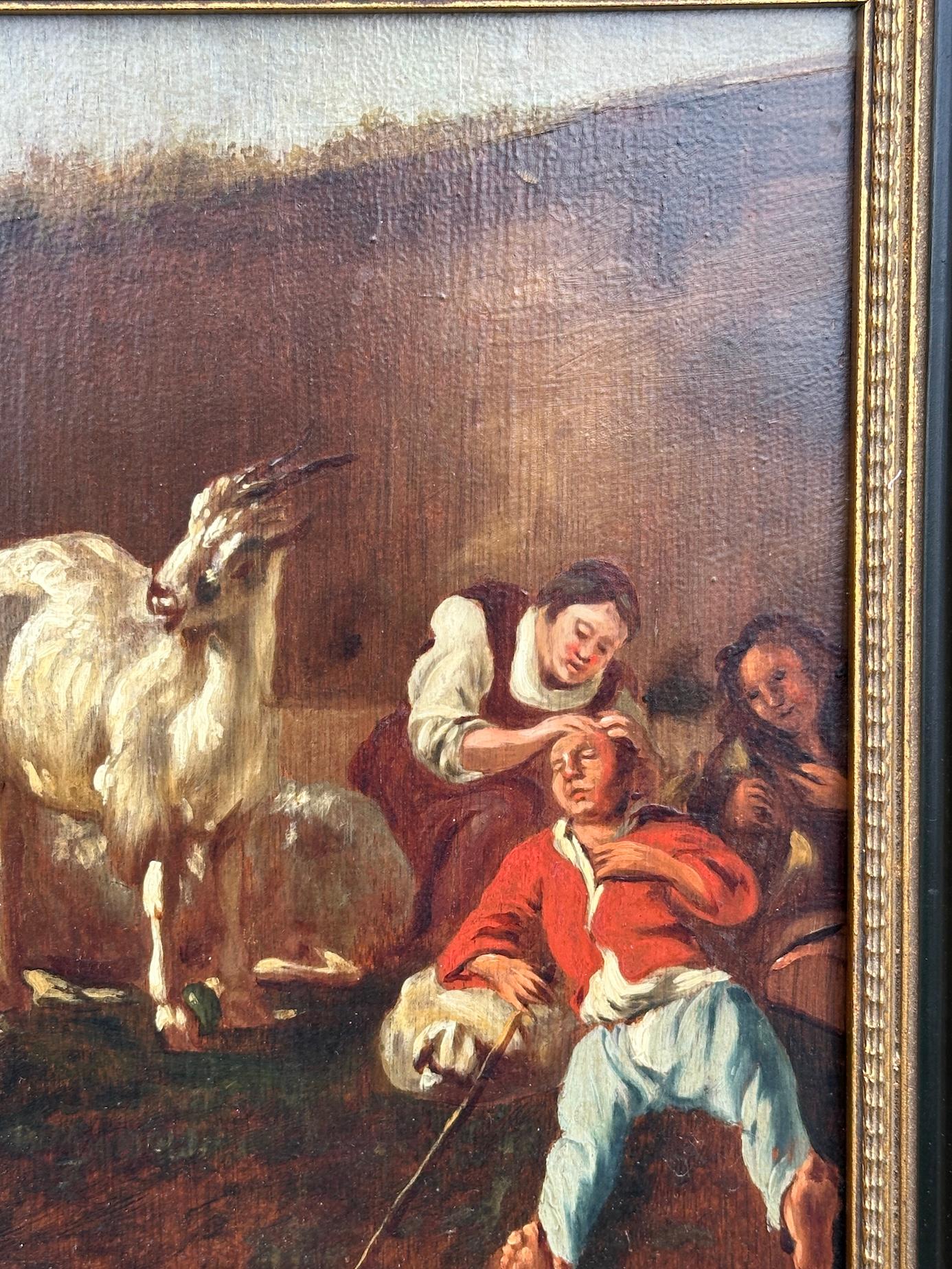 Holandés del siglo XVIII, con figuras de cabras y ovejas al aire libre en el patio de un granero o granja - Animal Painting Marrón de 18th Century Dutch School
