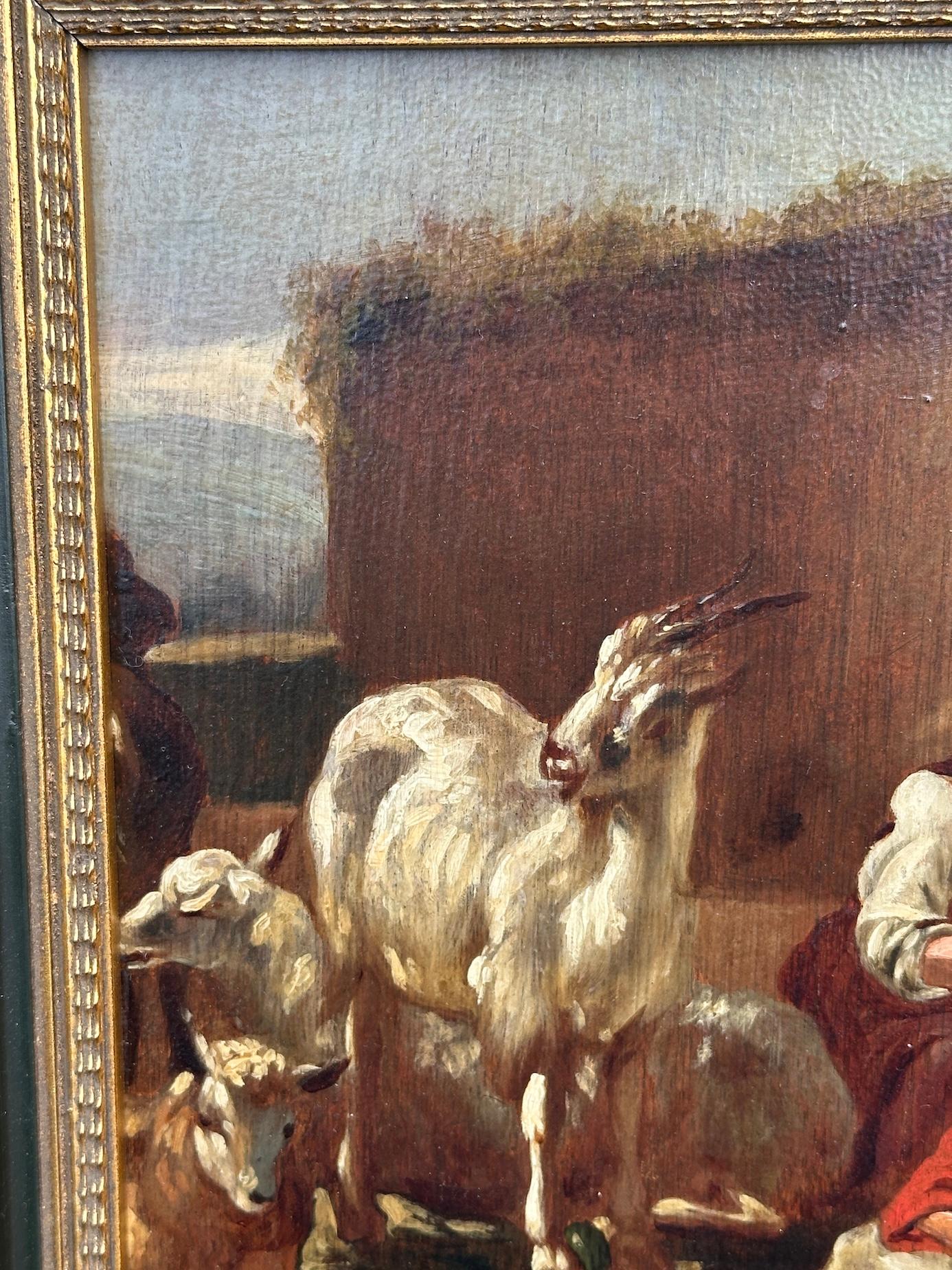 Holandés del siglo XVIII, con figuras de cabras y ovejas al aire libre en el patio de un granero o granja en venta 1