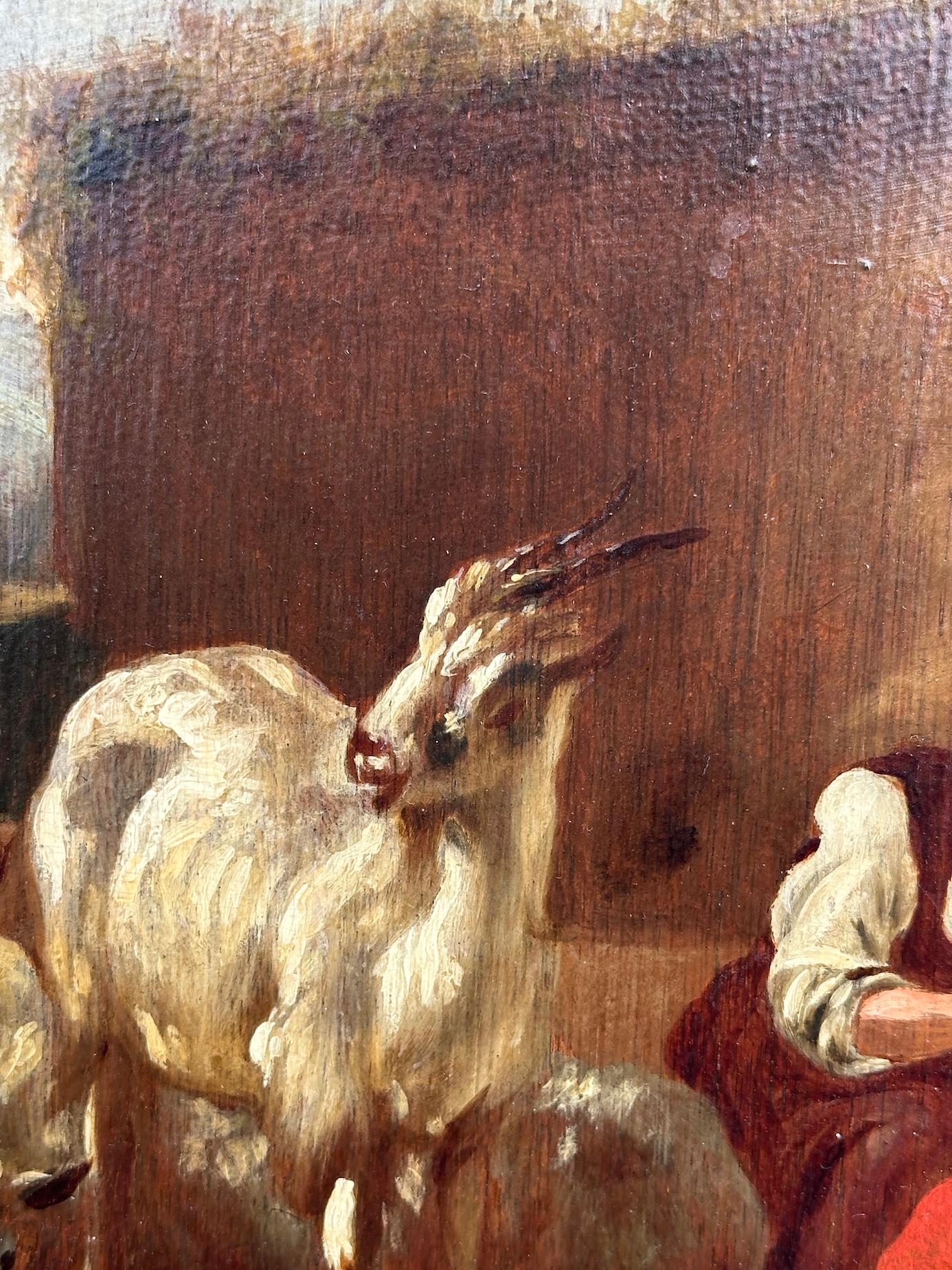 Holandés del siglo XVIII, con figuras de cabras y ovejas al aire libre en el patio de un granero o granja en venta 3