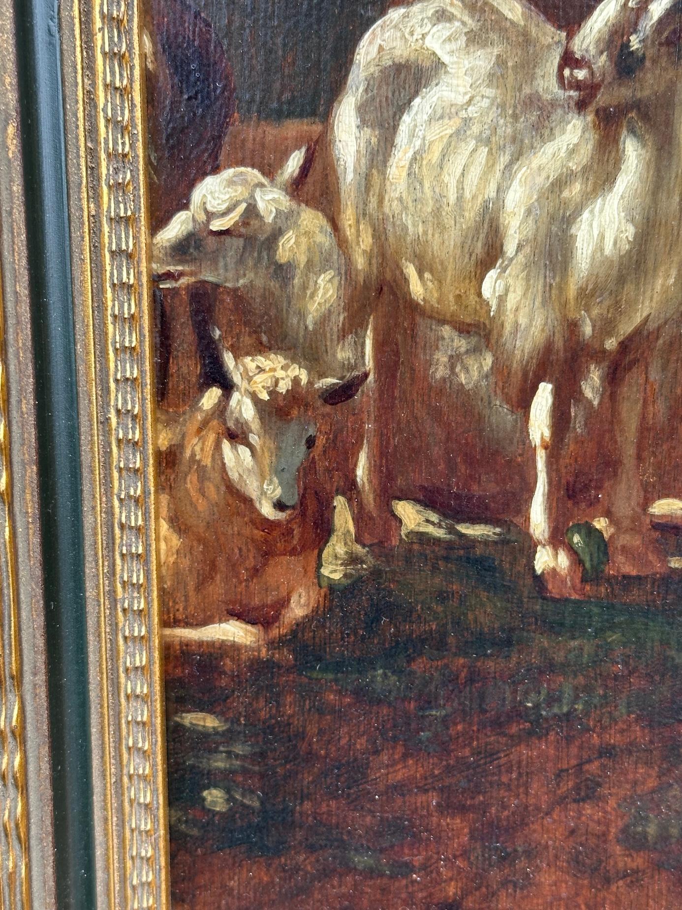 Holandés del siglo XVIII, con figuras de cabras y ovejas al aire libre en el patio de un granero o granja en venta 4