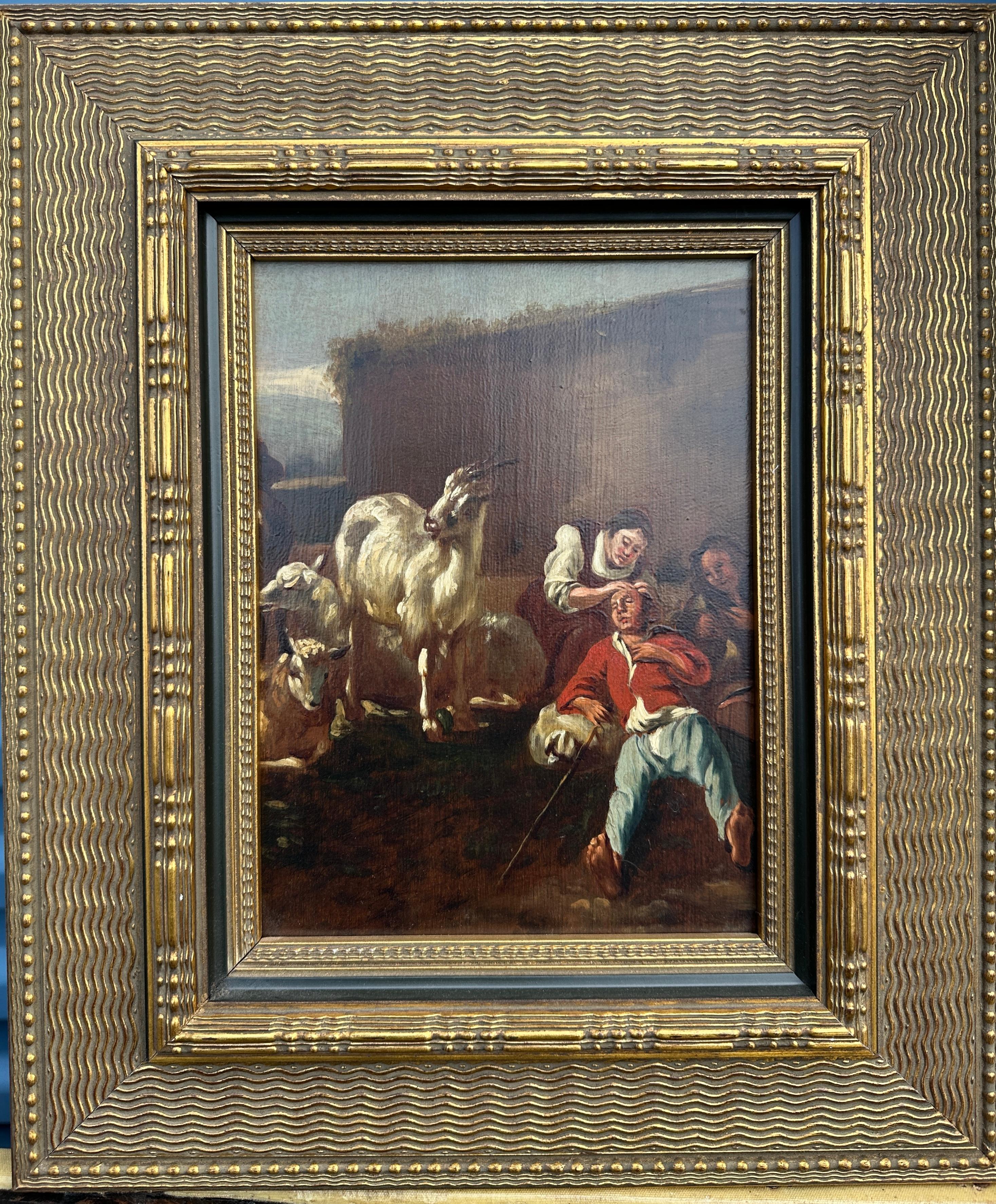 18th century Dutch, with figures goats and sheep outside in a barn yard or farm