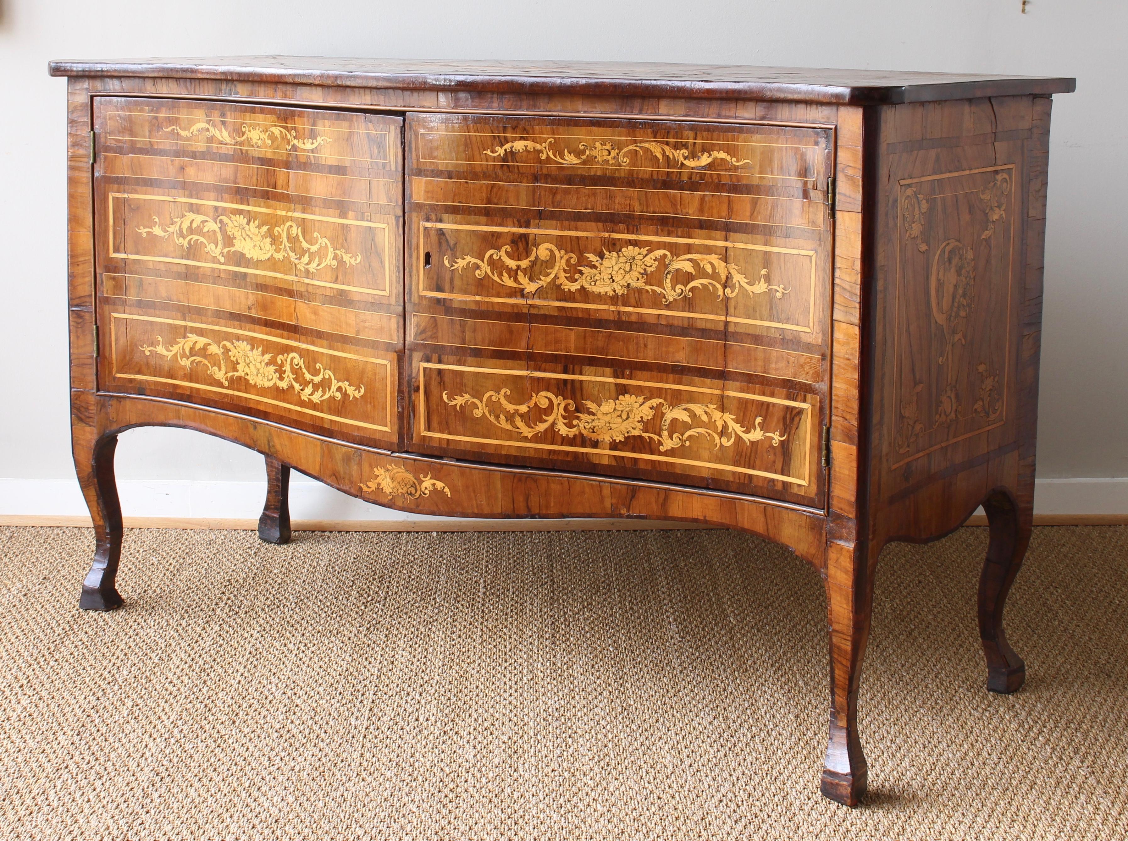Inlay 18th Century Dutch Serpentine Front Marquetry Commode For Sale